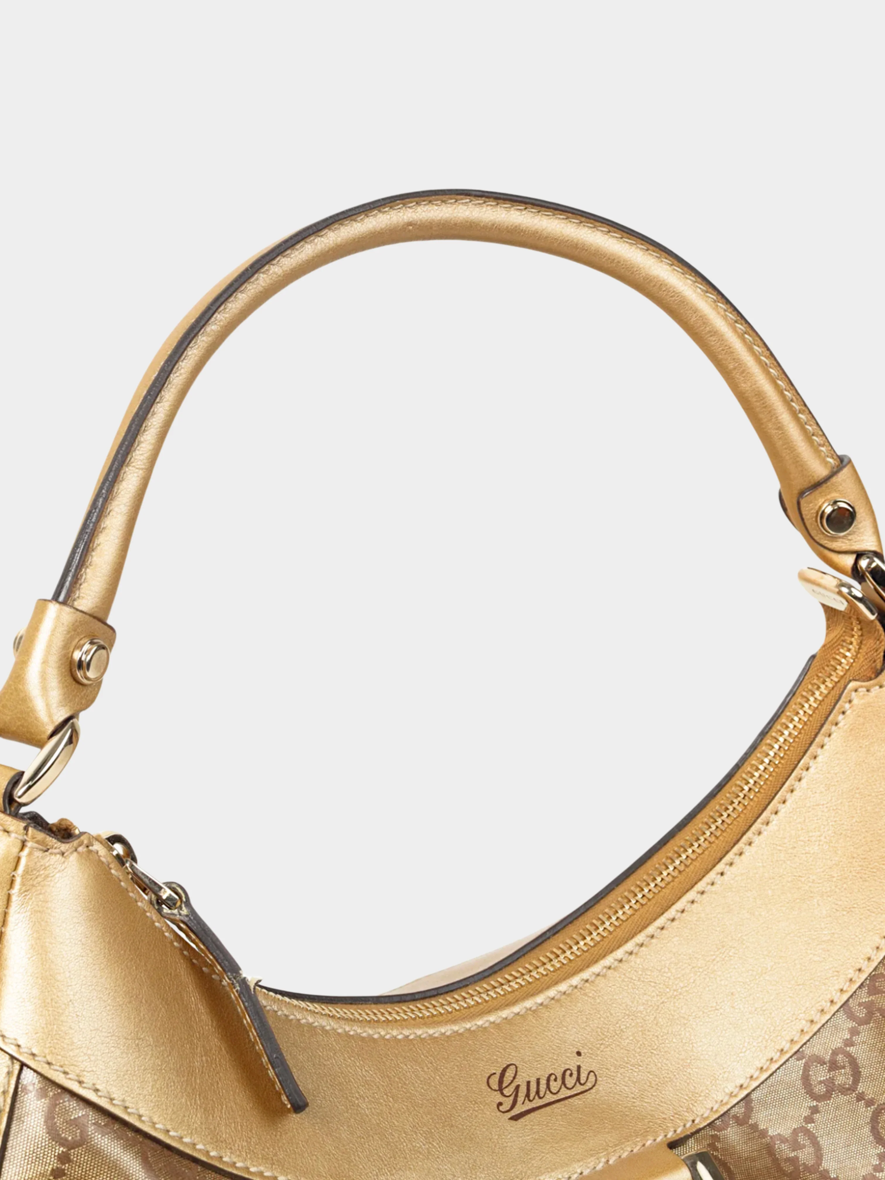Gucci 2000s Gold Metallic Leather and Brown GG Crystal Canvas D-ring Bag - Image 4