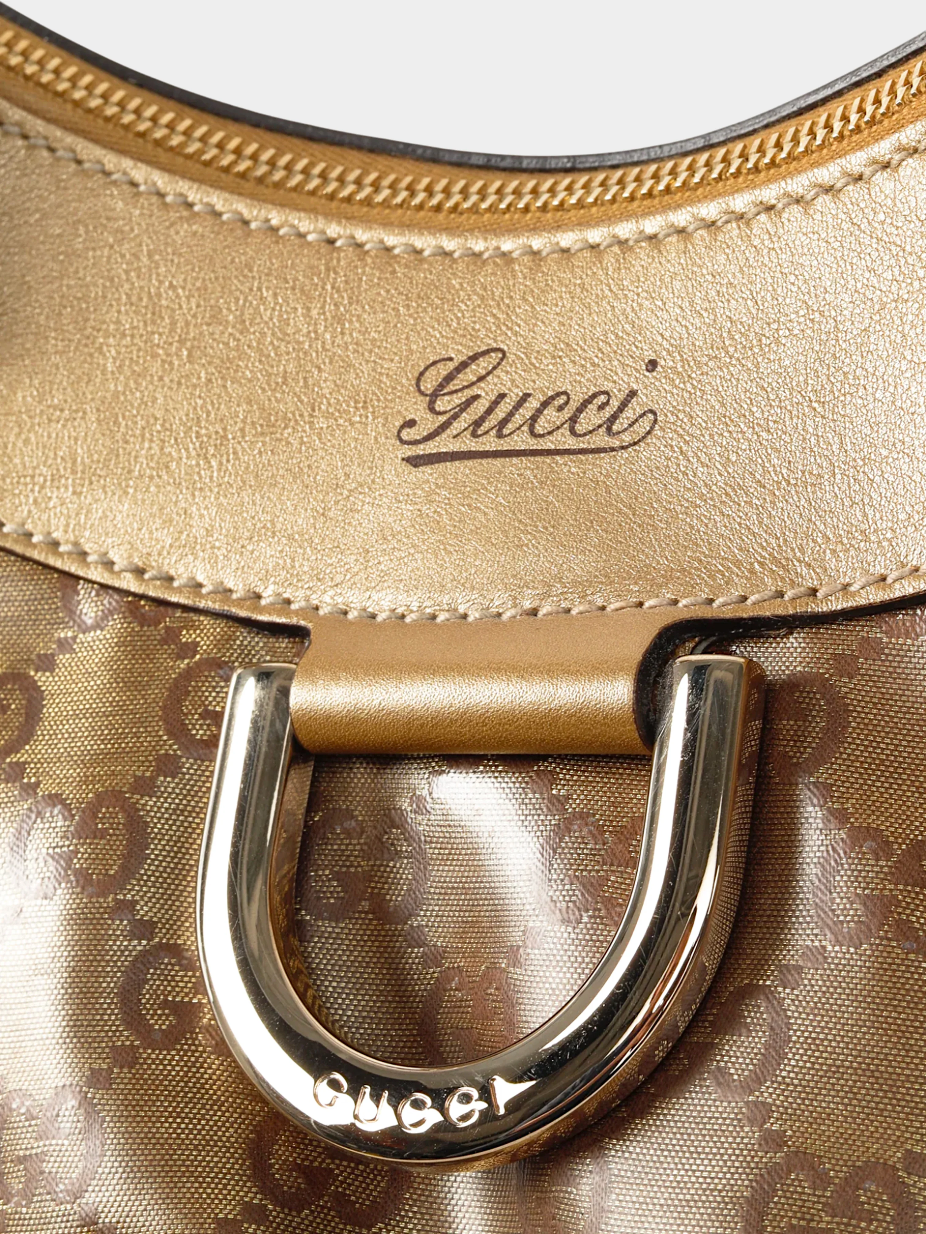 Gucci 2000s Gold Metallic Leather and Brown GG Crystal Canvas D-ring Bag - Image 5
