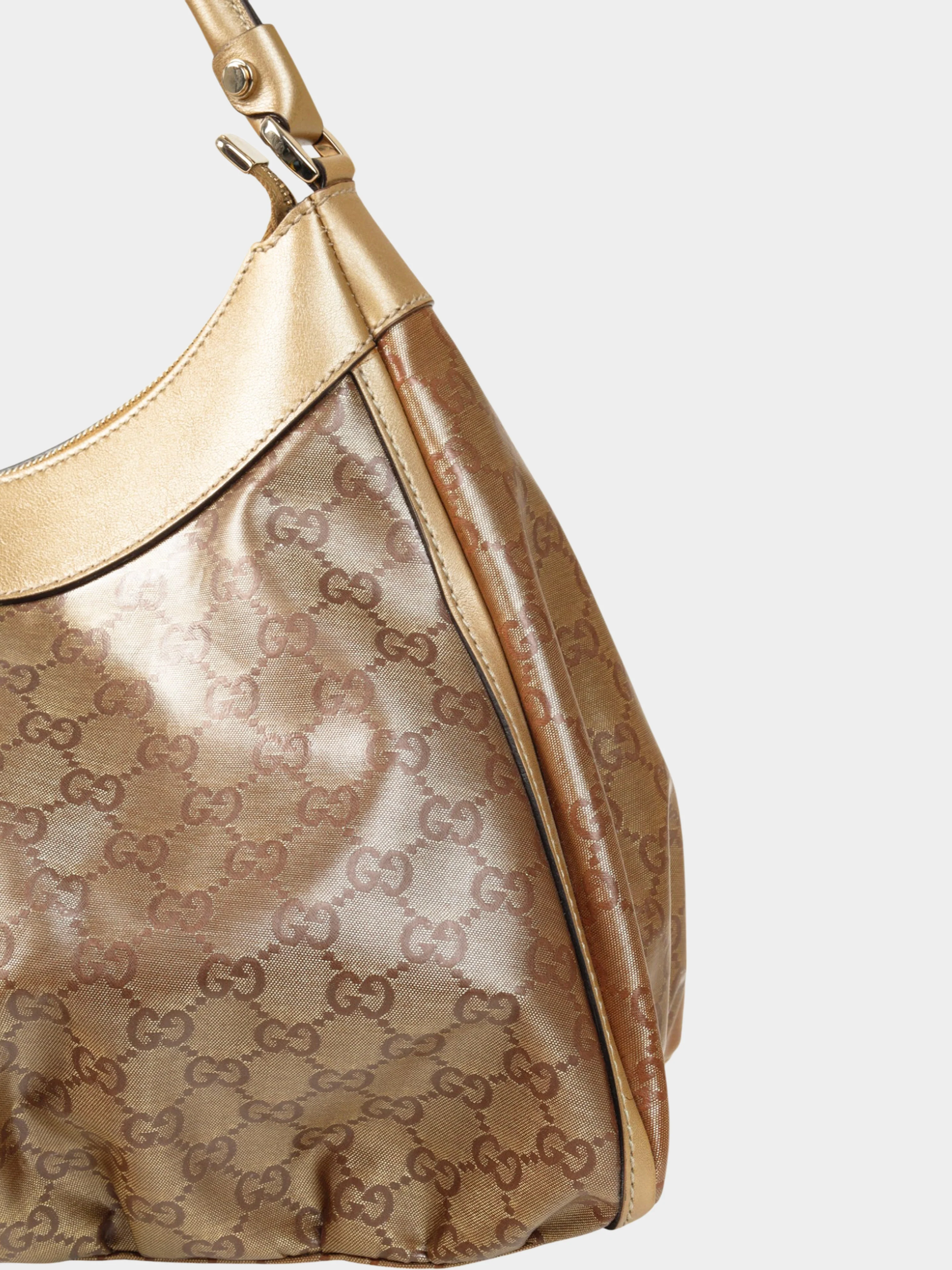 Gucci 2000s Gold Metallic Leather and Brown GG Crystal Canvas D-ring Bag - Image 6
