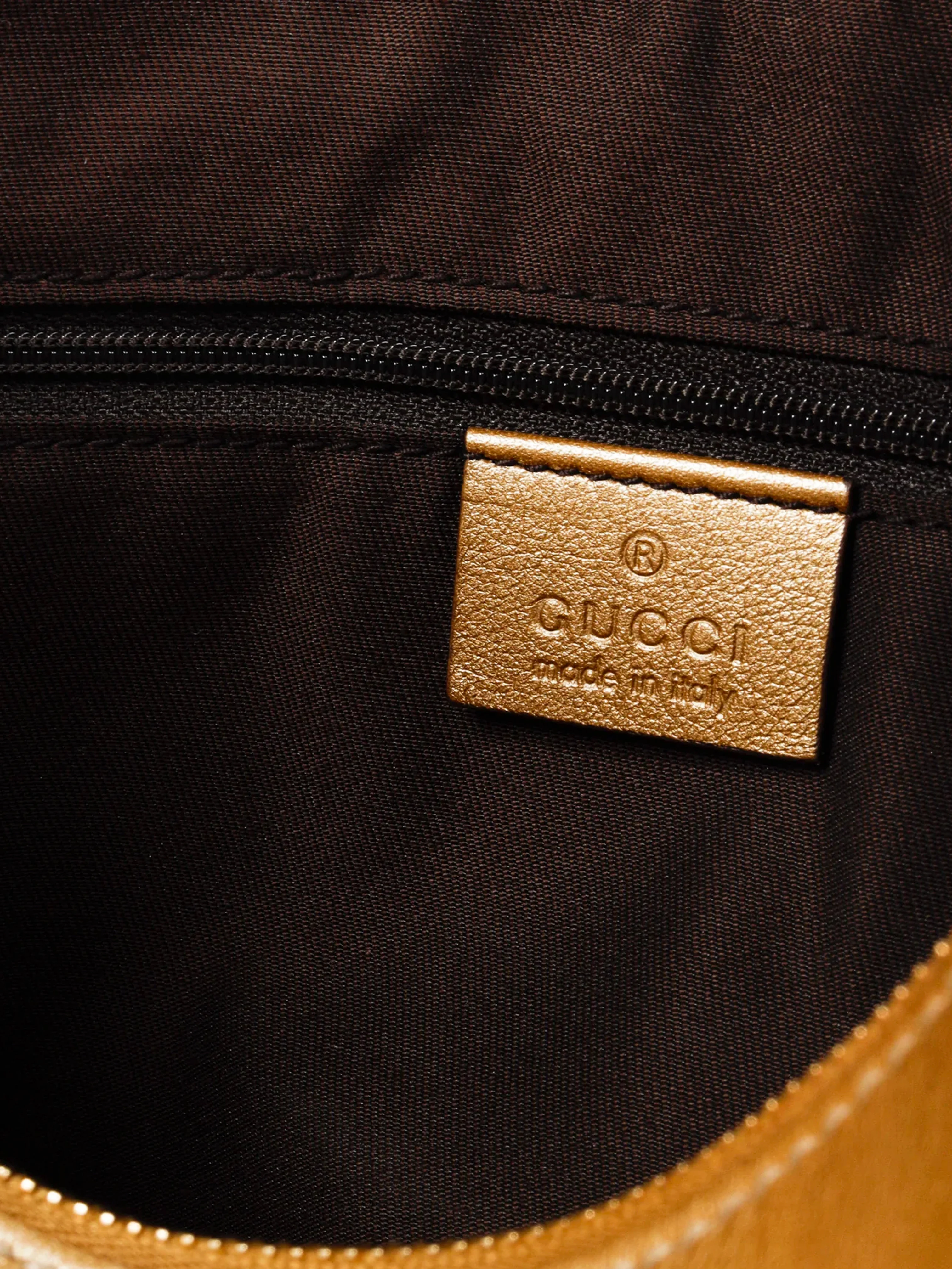 Gucci 2000s Gold Metallic Leather and Brown GG Crystal Canvas D-ring Bag - Image 7