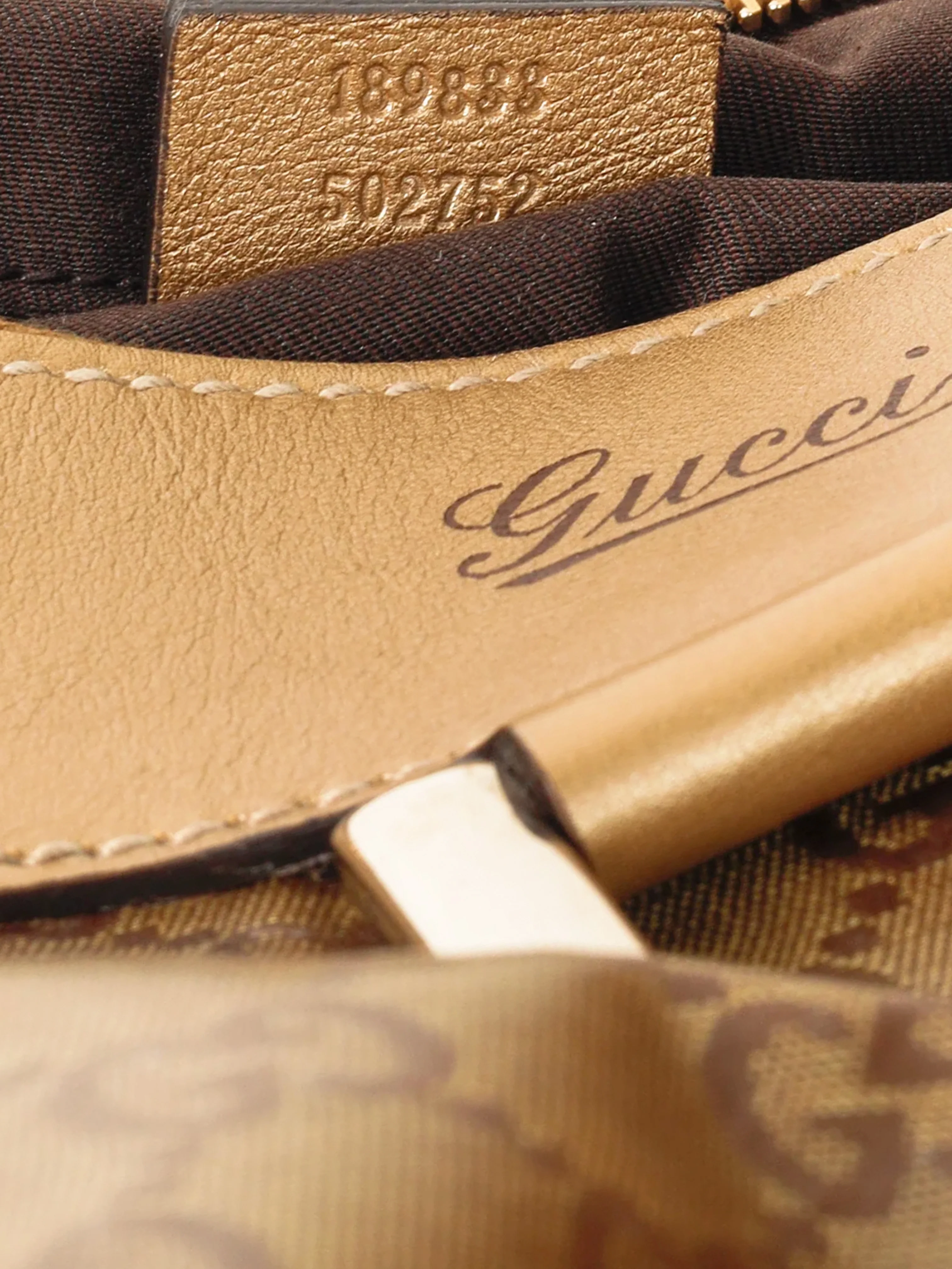 Gucci 2000s Gold Metallic Leather and Brown GG Crystal Canvas D-ring Bag - Image 8