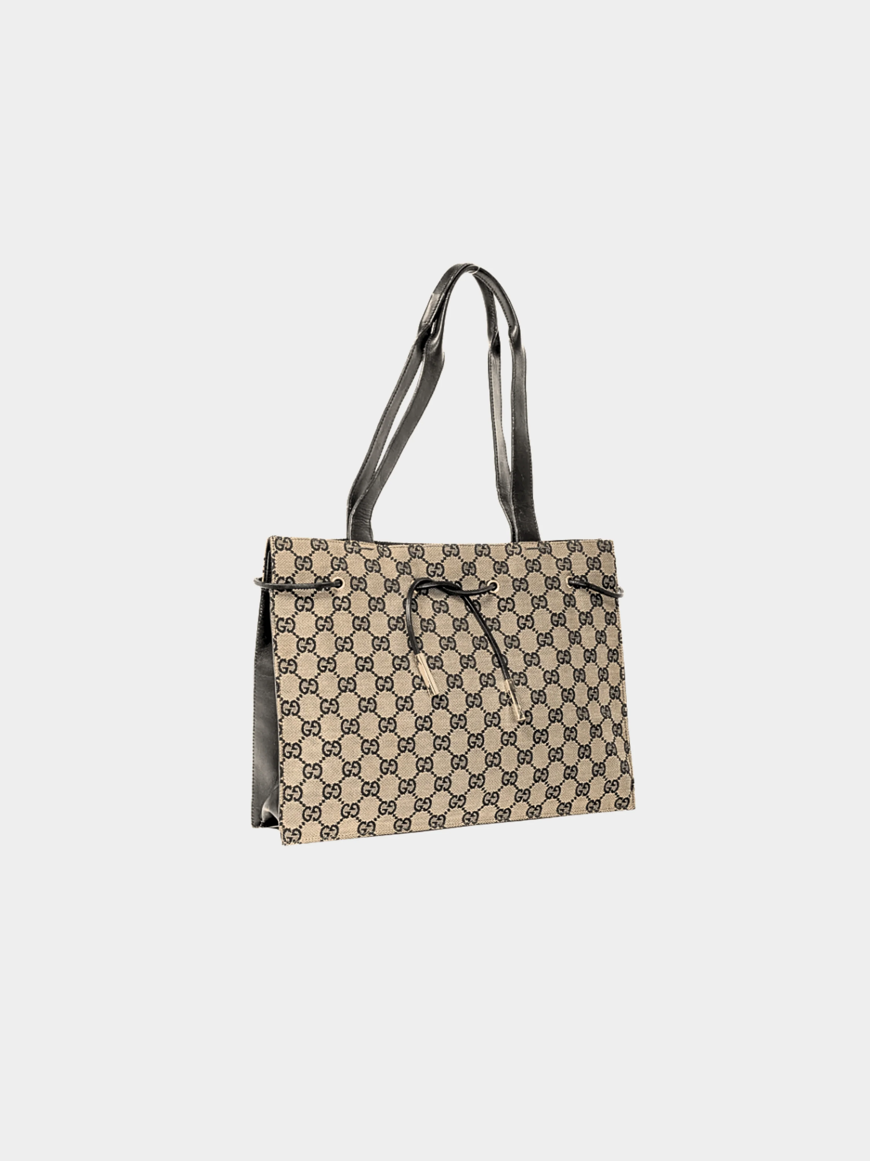 Gucci 2000s Khaki GG Canvas Black-Leather Drawstring Tote - Image 2