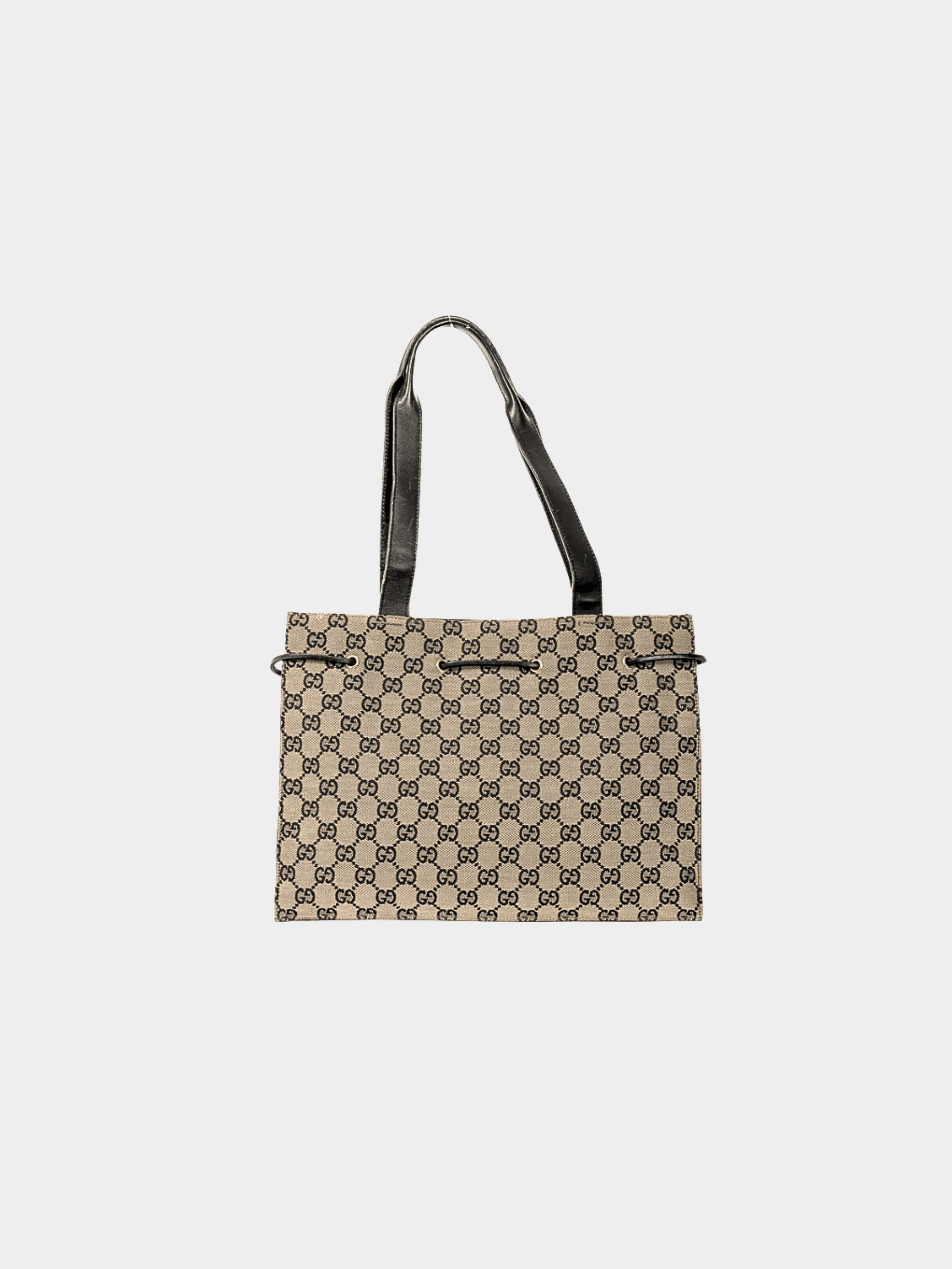 Gucci 2000s Khaki GG Canvas Black-Leather Drawstring Tote - Image 3