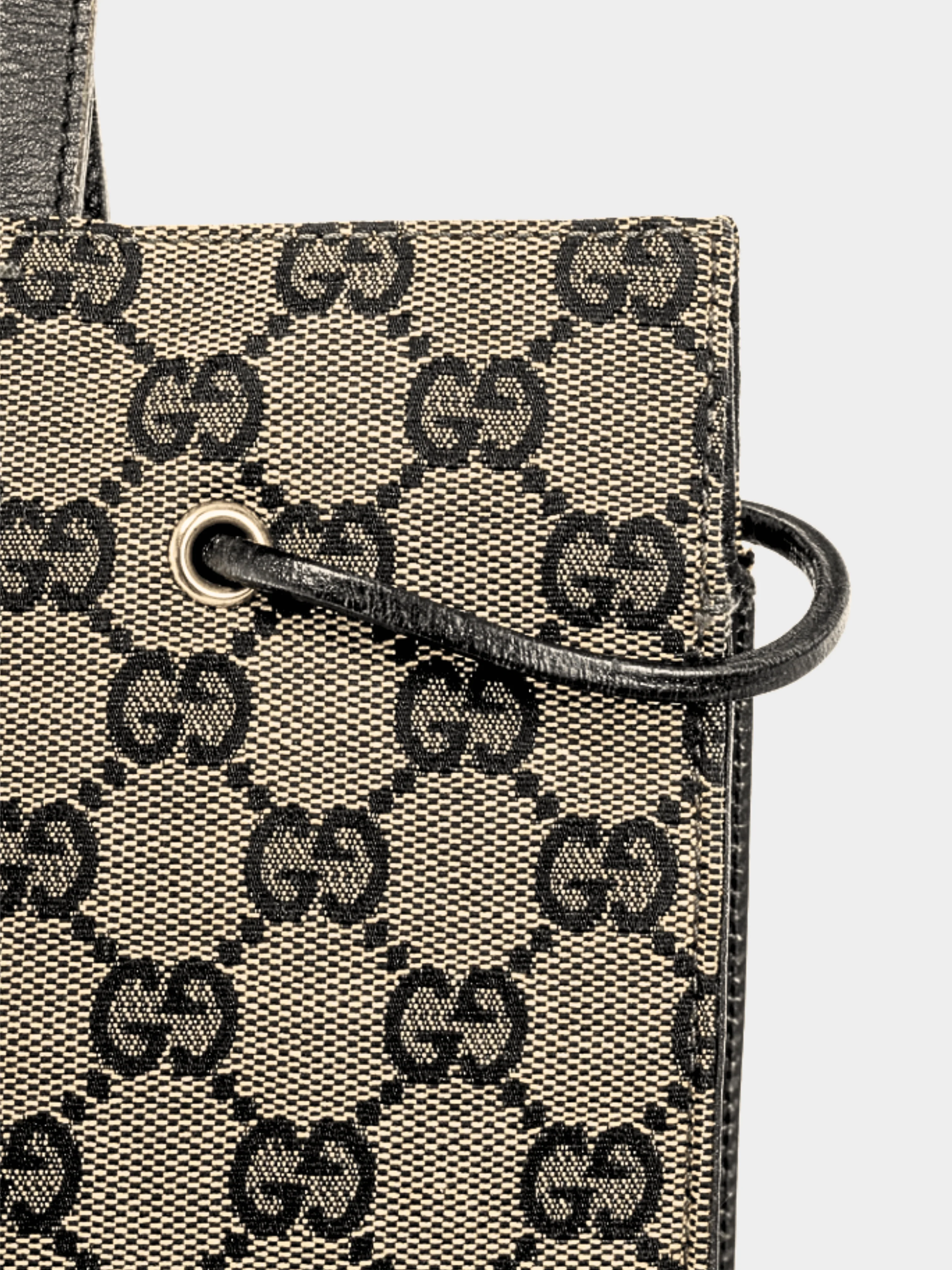 Gucci 2000s Khaki GG Canvas Black-Leather Drawstring Tote - Image 6
