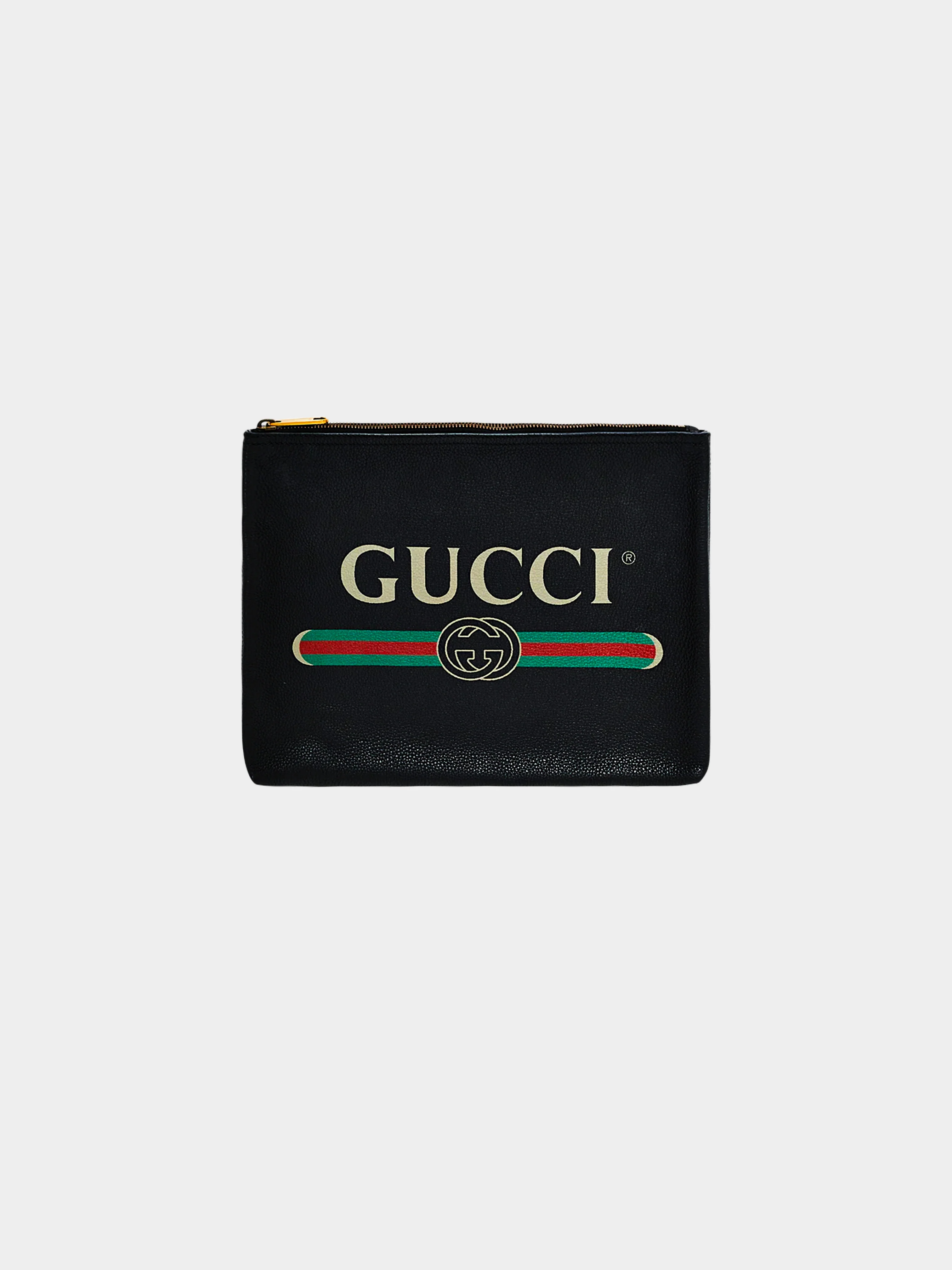 Gucci 2010s Black Leather Logo and Web Clutch