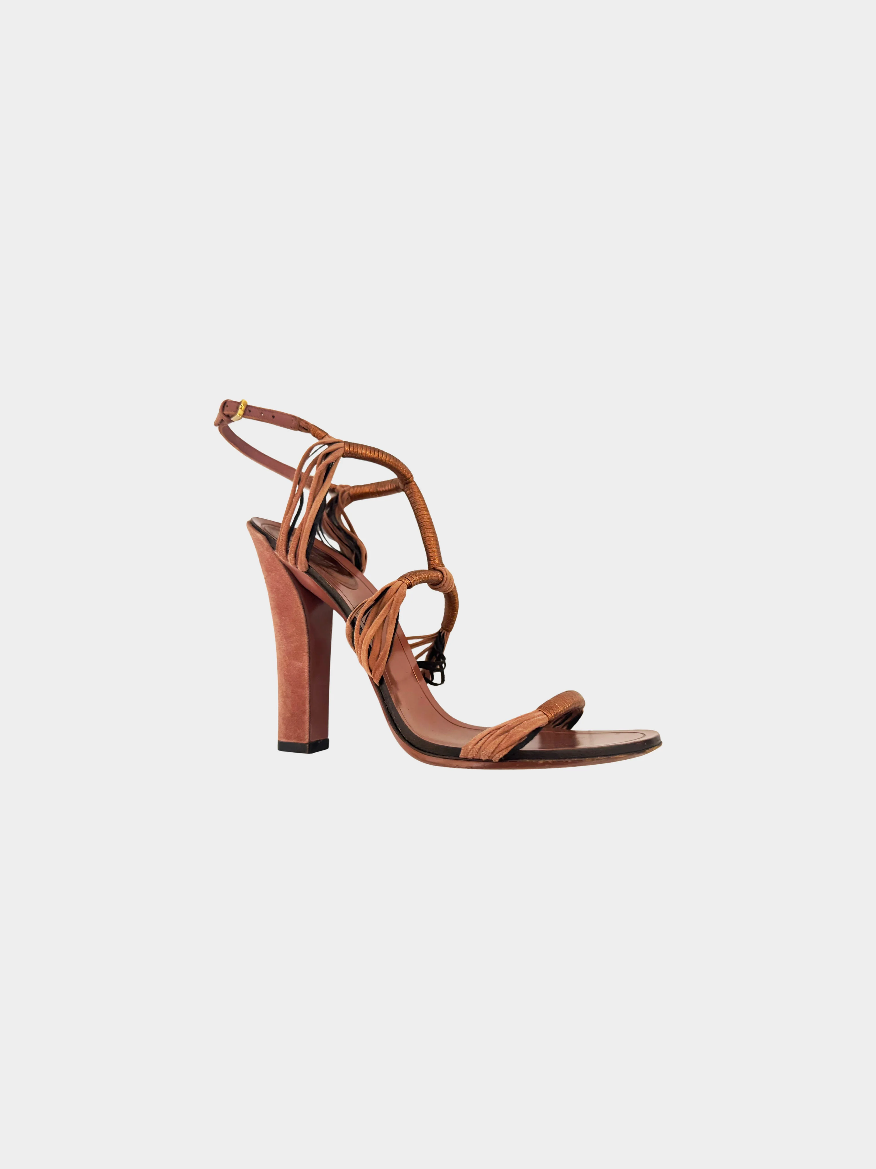 Gucci 2010s Pink and Metallic Bronze Suede Anita Strappy Heels