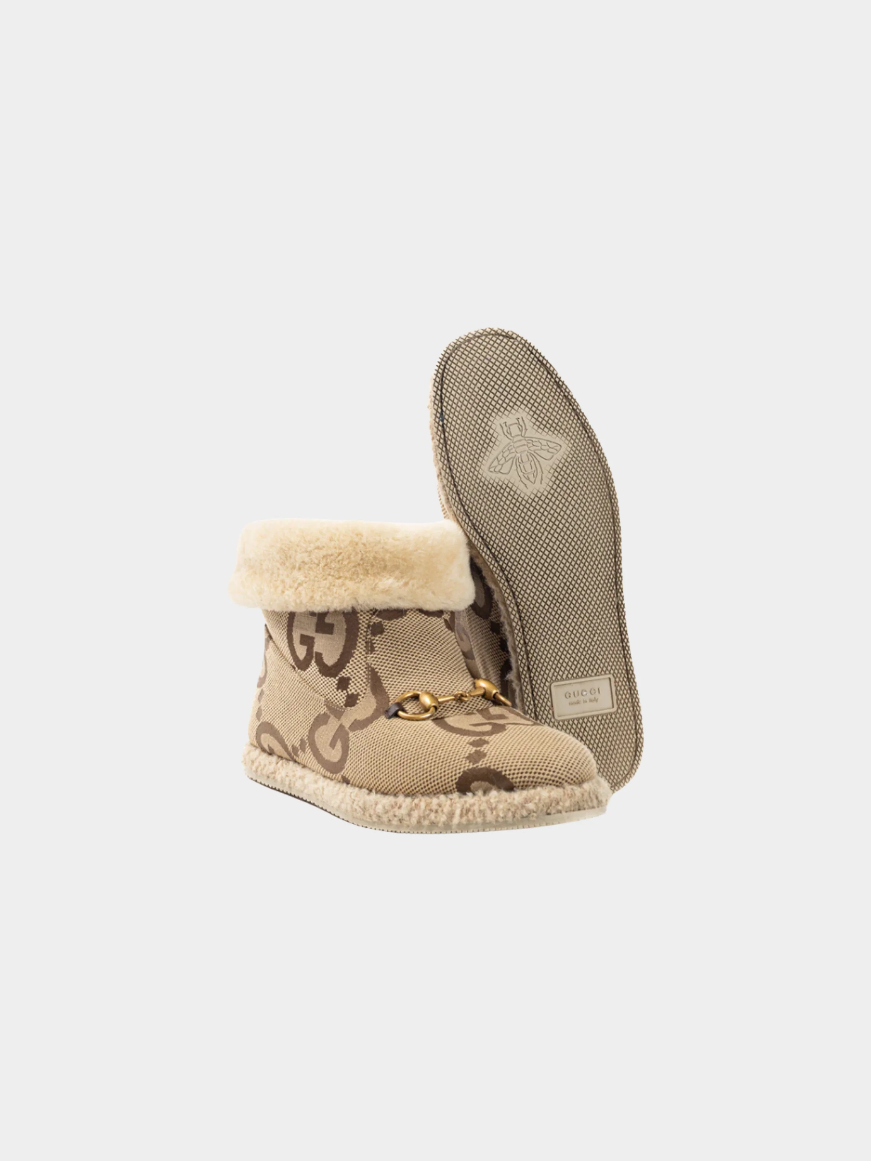 Gucci 2021 Fria Beige Jumbo GG Sherpa Horsebit Ankle Boots - Image 4