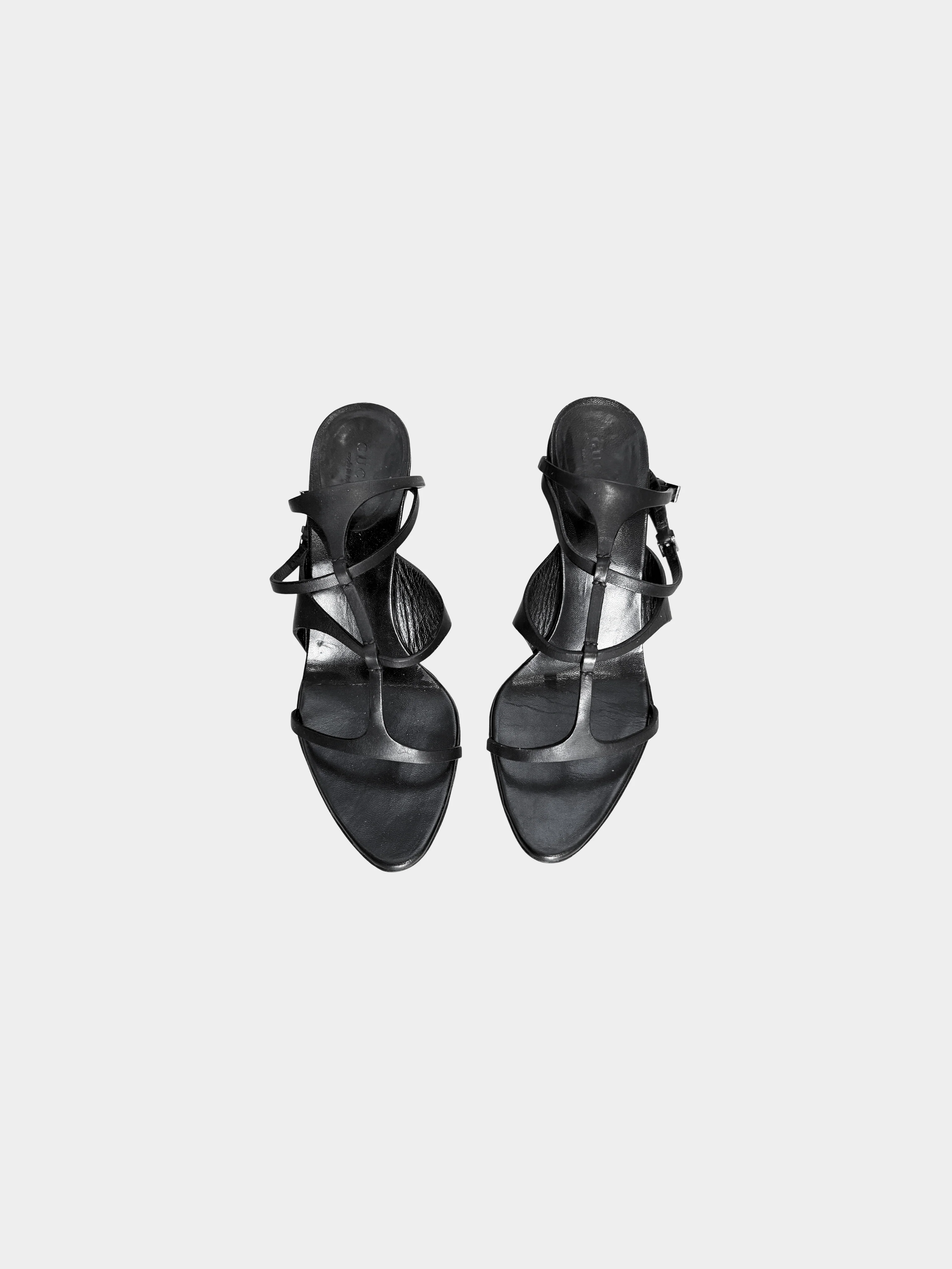 Gucci by Tom Ford Early 2000s Black Leather T-strap Silver Heels - Image 2