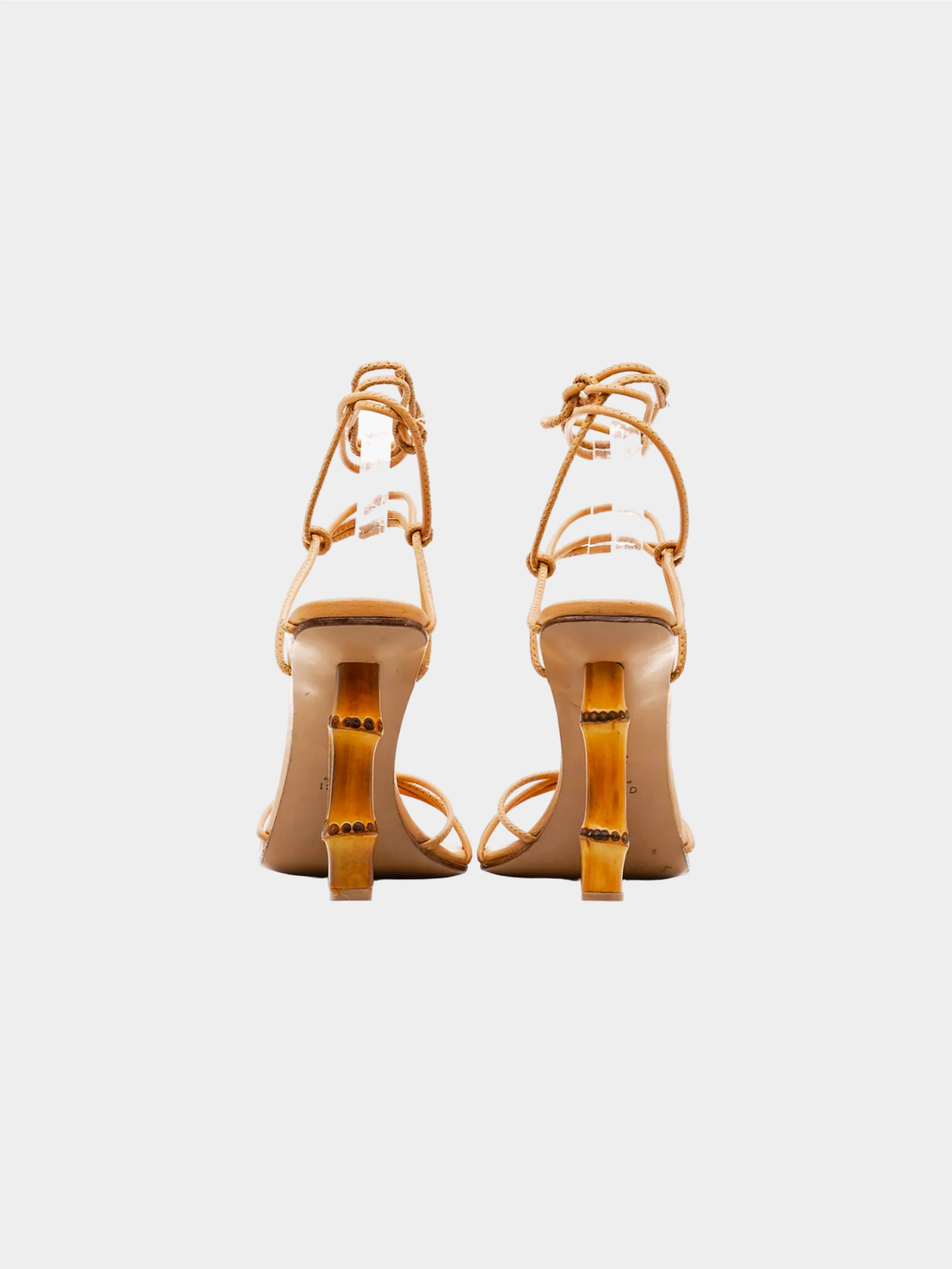 Gucci by Tom Ford SS 2002 Beige Bamboo Strappy Lace-Up Leather Heels - Image 3