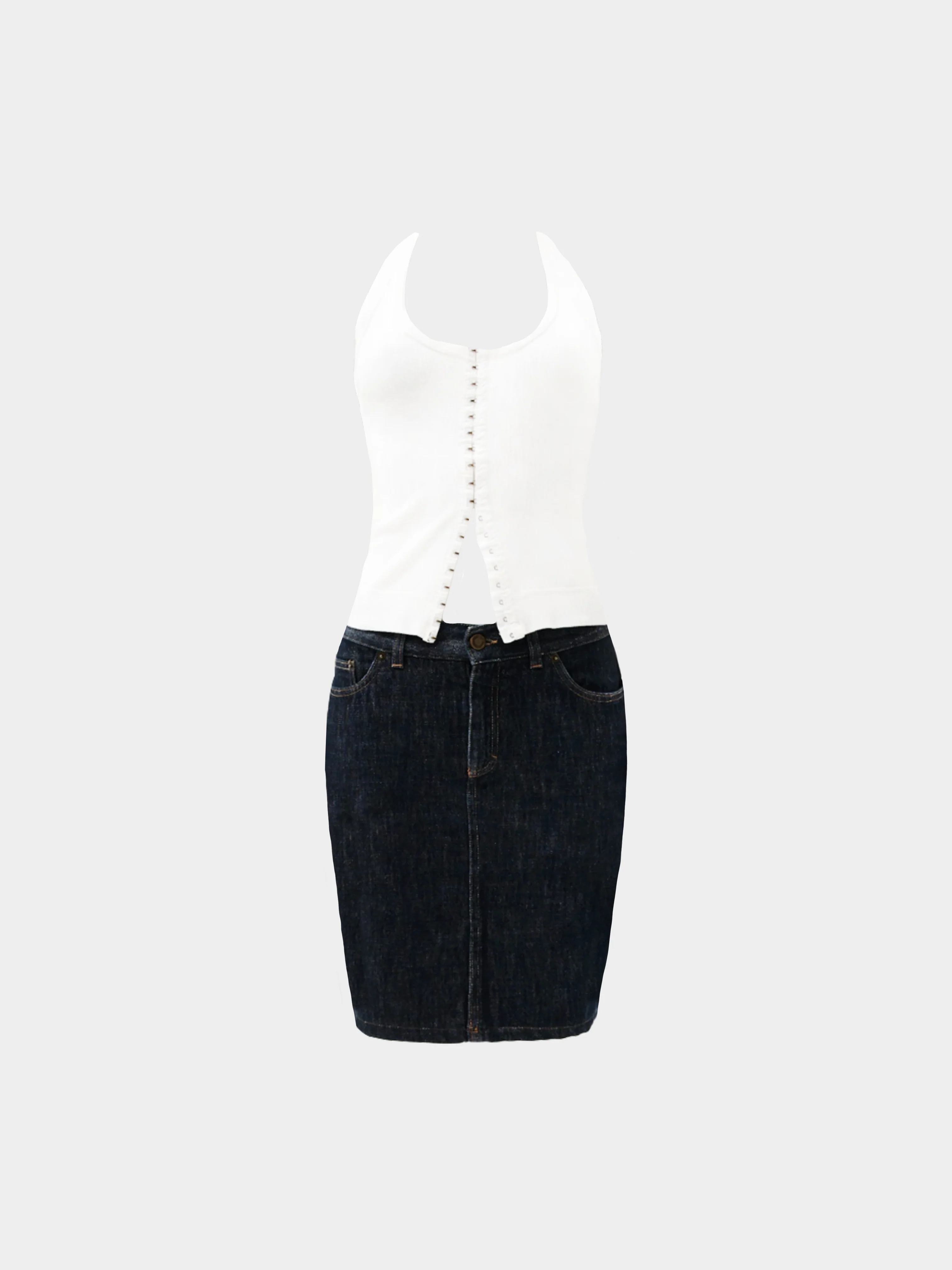 Gucci by Tom Ford SS 2002 Buttoned White Tank Top and Denim Skirt