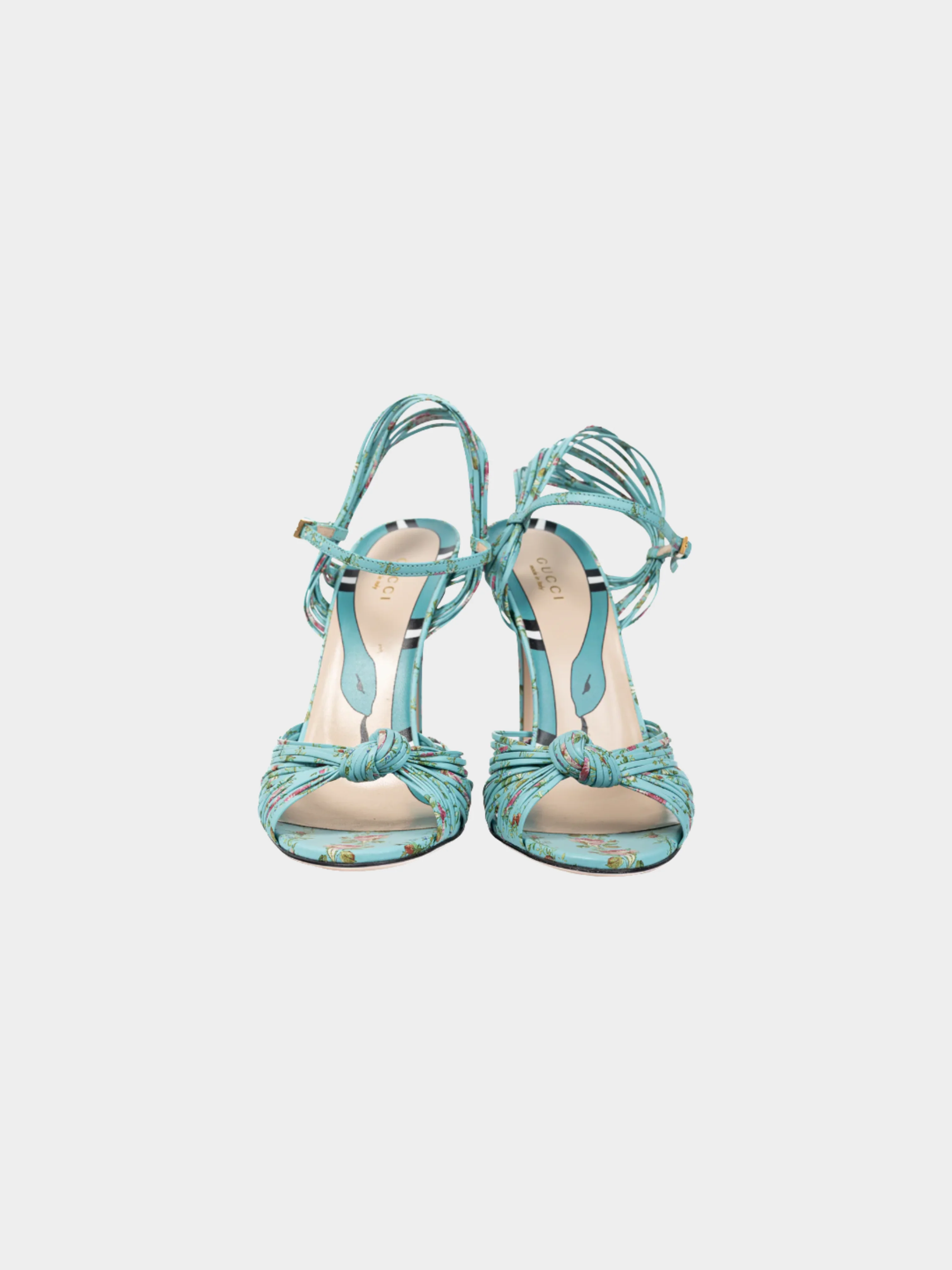 Gucci Pre-Fall 2017 Allie Light-Blue Floral-Print Leather Knotted High-Heel Sandals - Image 2