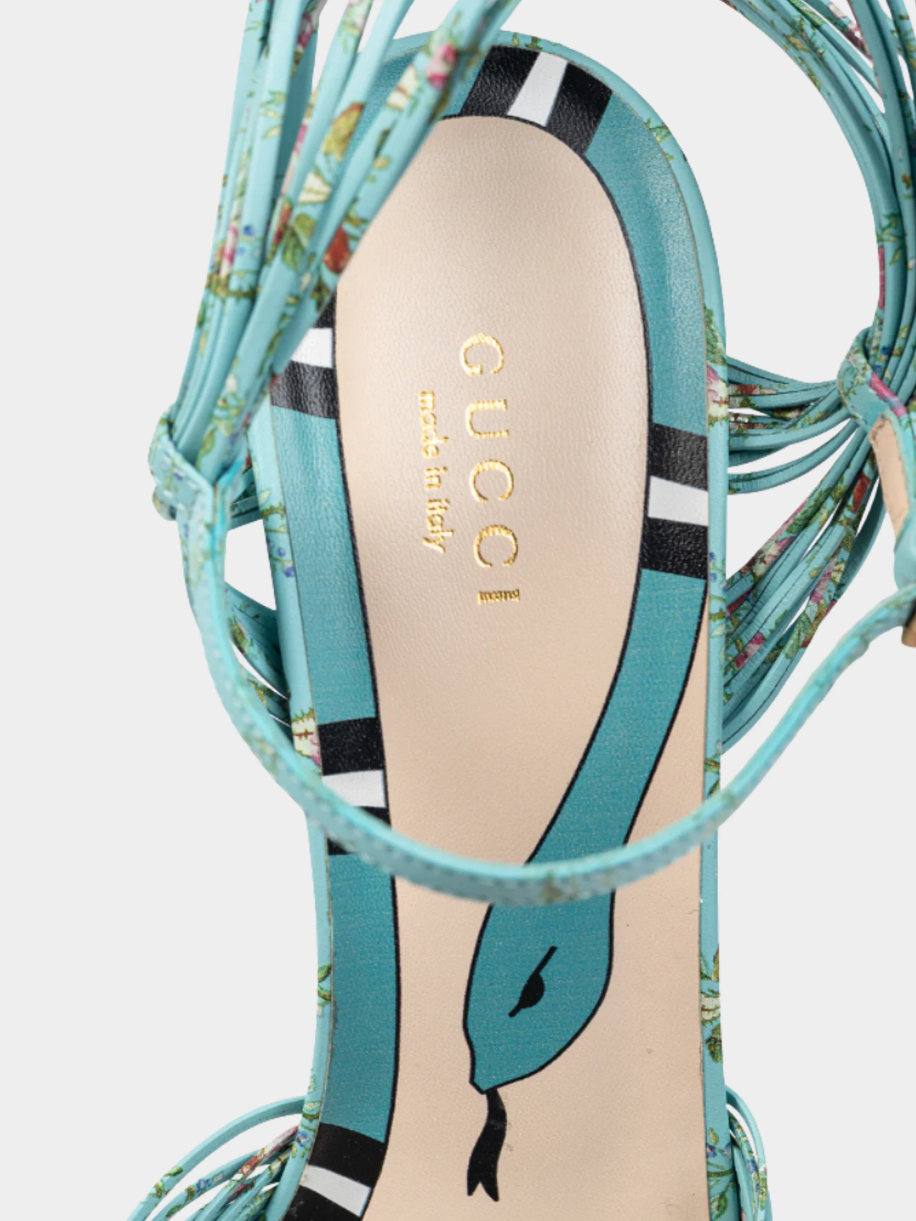 Gucci Pre-Fall 2017 Allie Light-Blue Floral-Print Leather Knotted High-Heel Sandals - Image 6