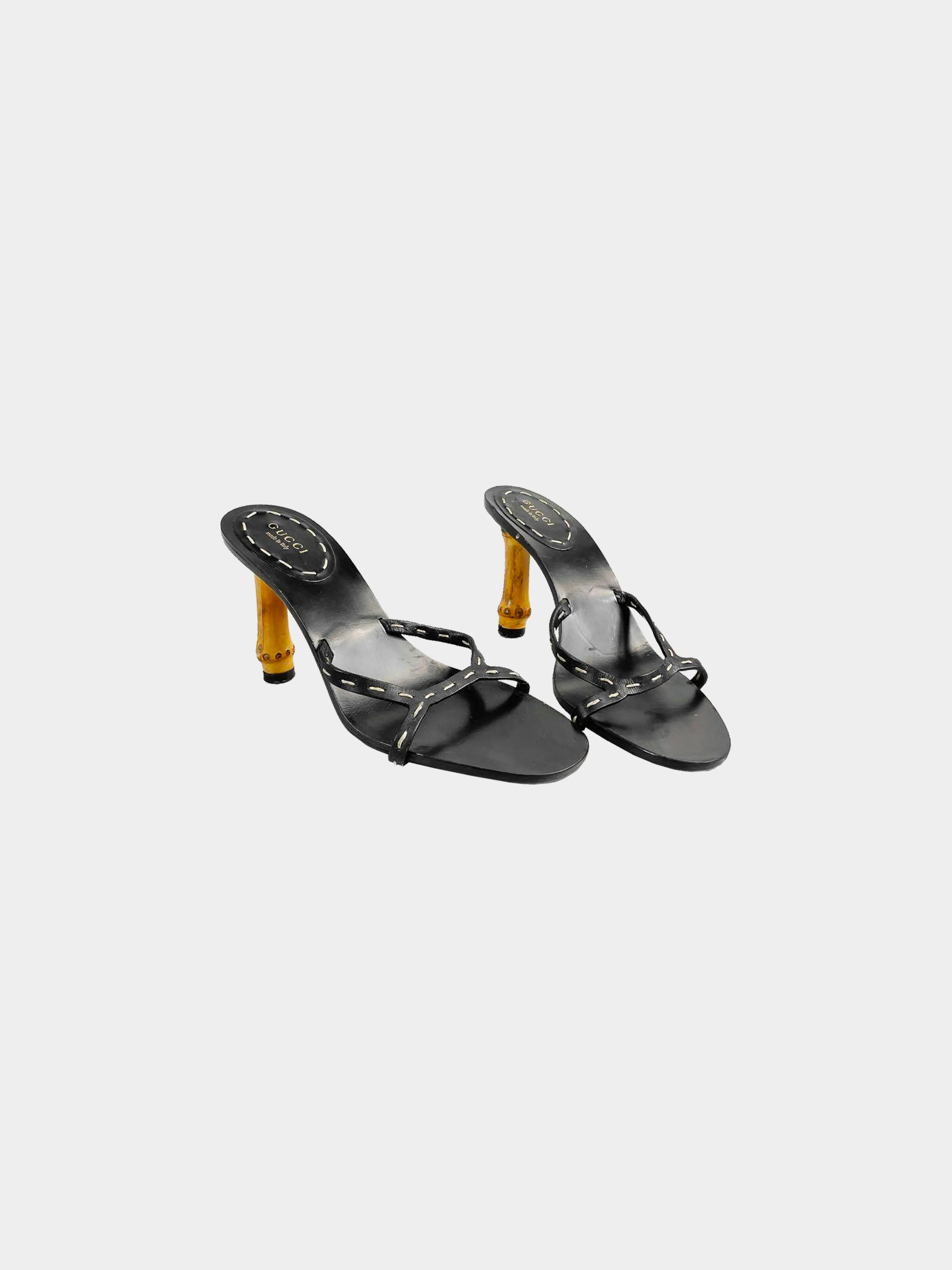 Gucci SS 2002 Black Leather Bamboo Heeled Mules - Image 2
