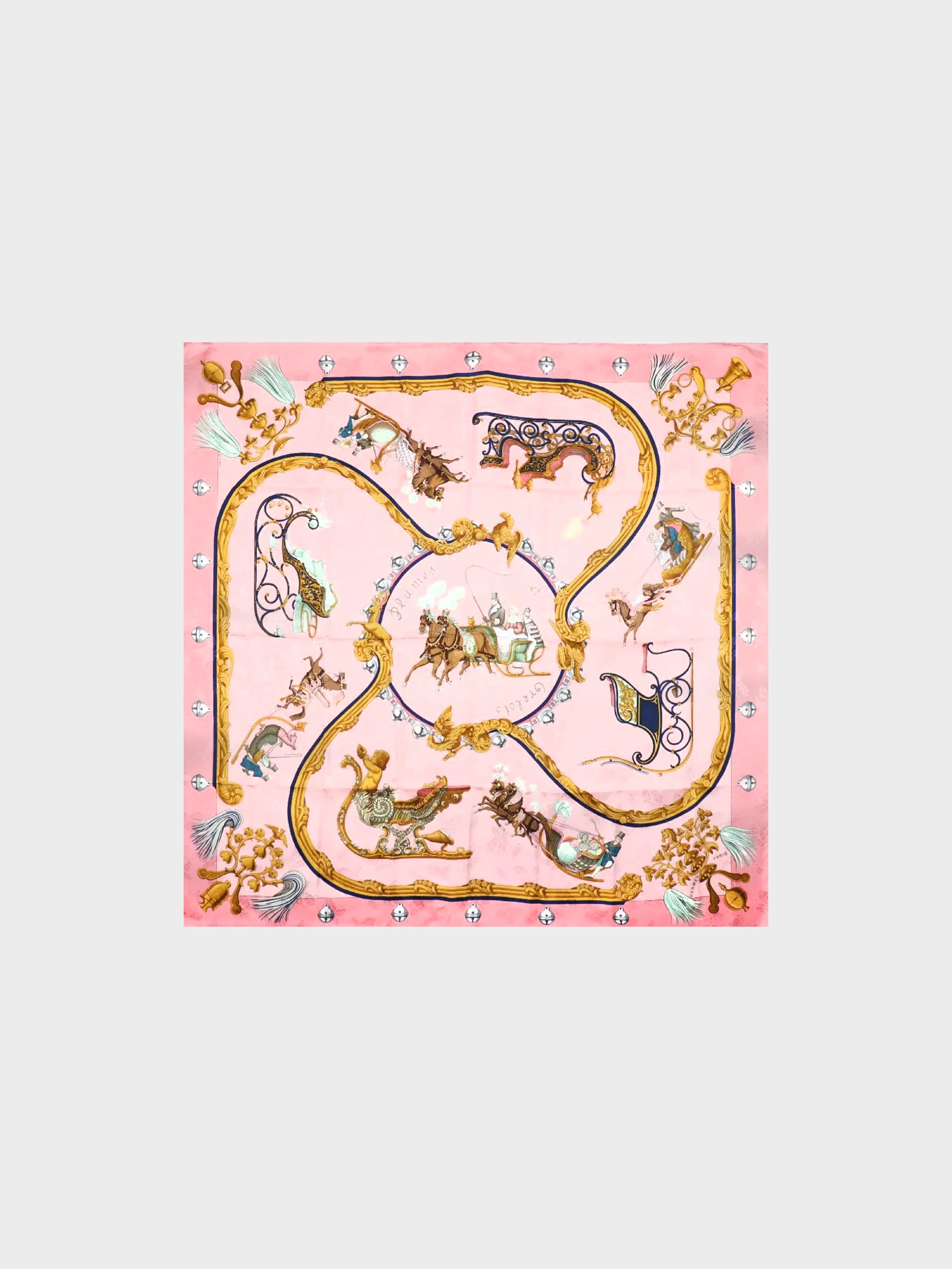 Hermès 1995 Plumes at Grelots Carree 90 Pink Scarf