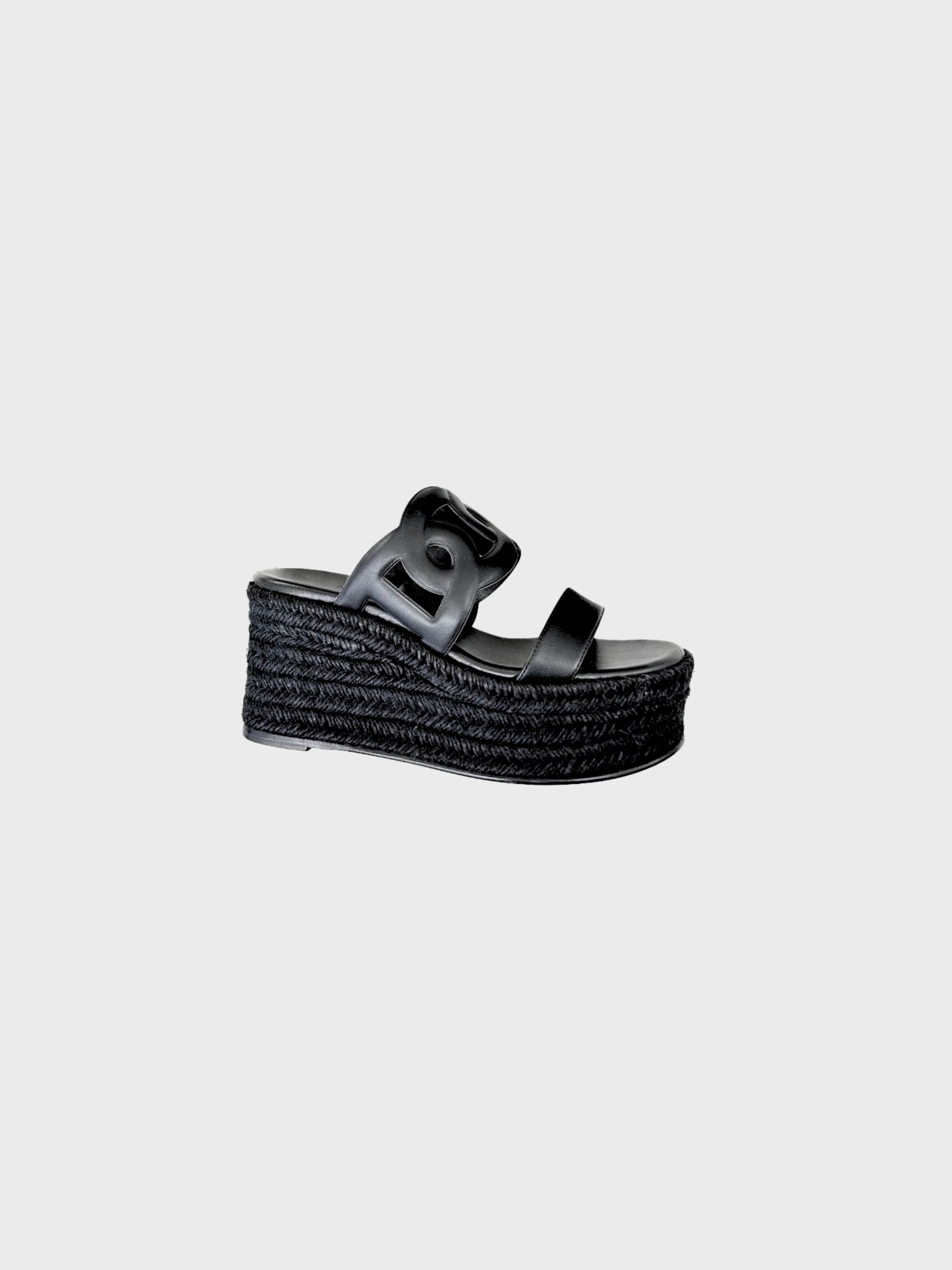 Hermès SS 2024 Black Leather Ithea 30 Espadrille Sandals