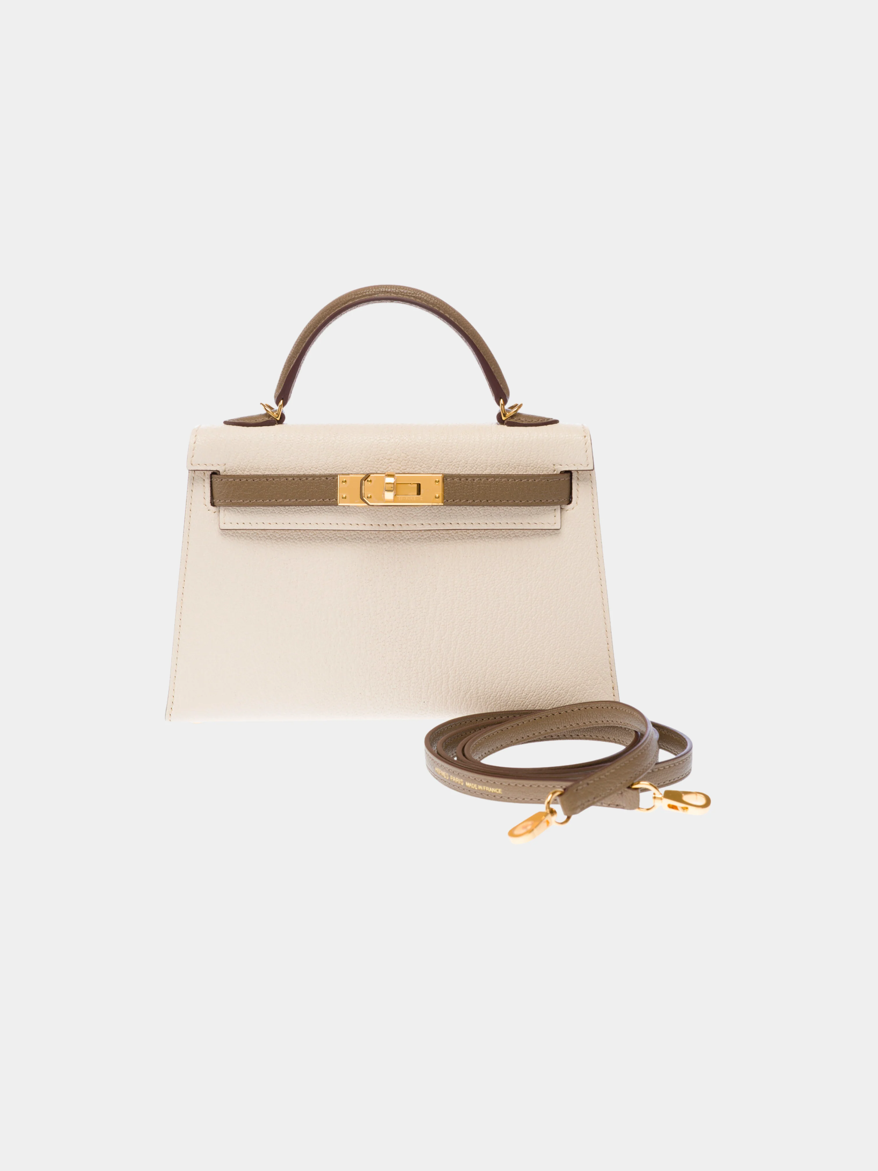 Hermès 2020s Beige and Gray Chèvre Mysore Mini Kelly 20 Sellier Bag