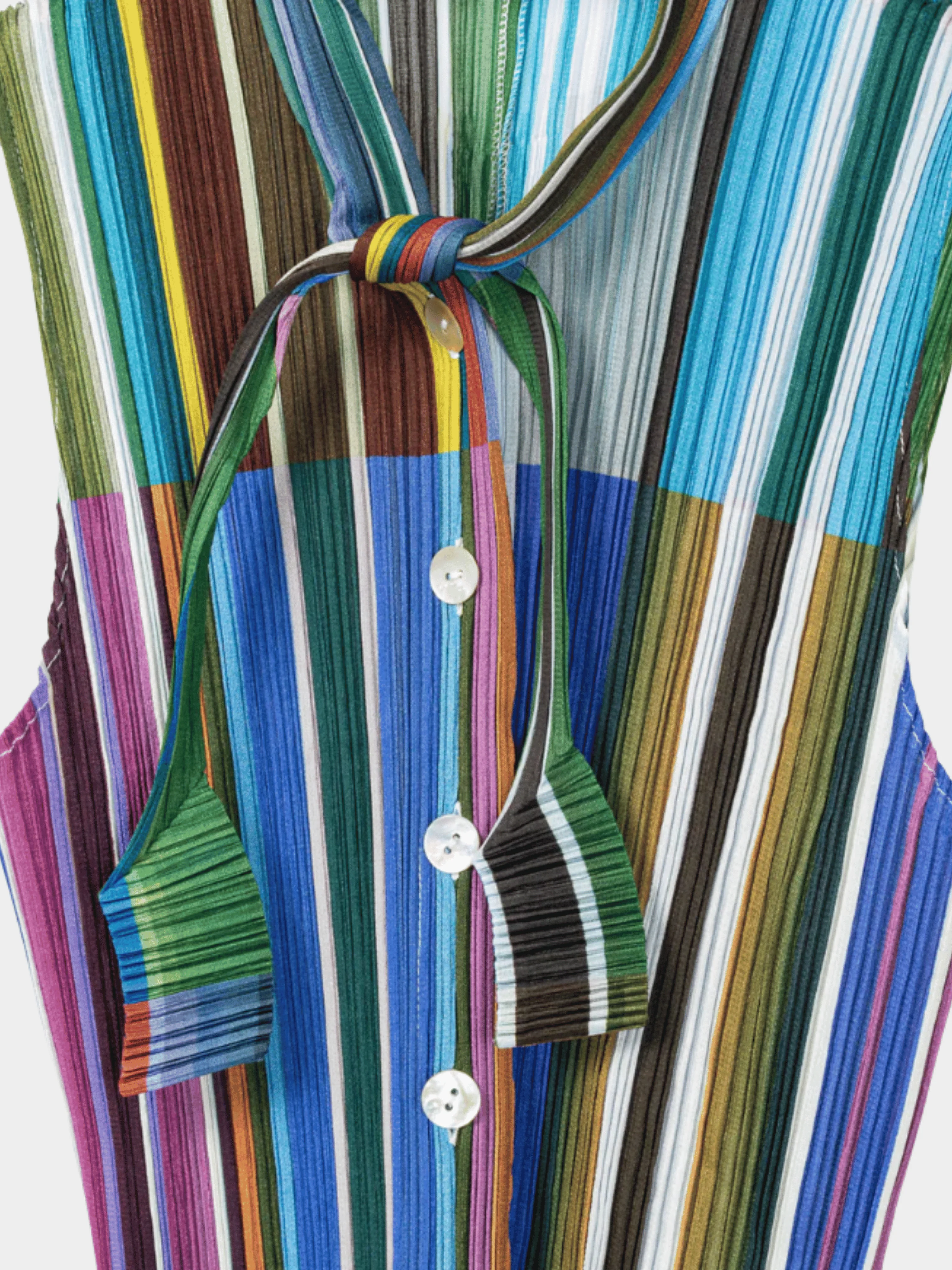 Issey Miyake 2000s Blue-Multi Striped Buttoned Tie-Neck Top - Image 4