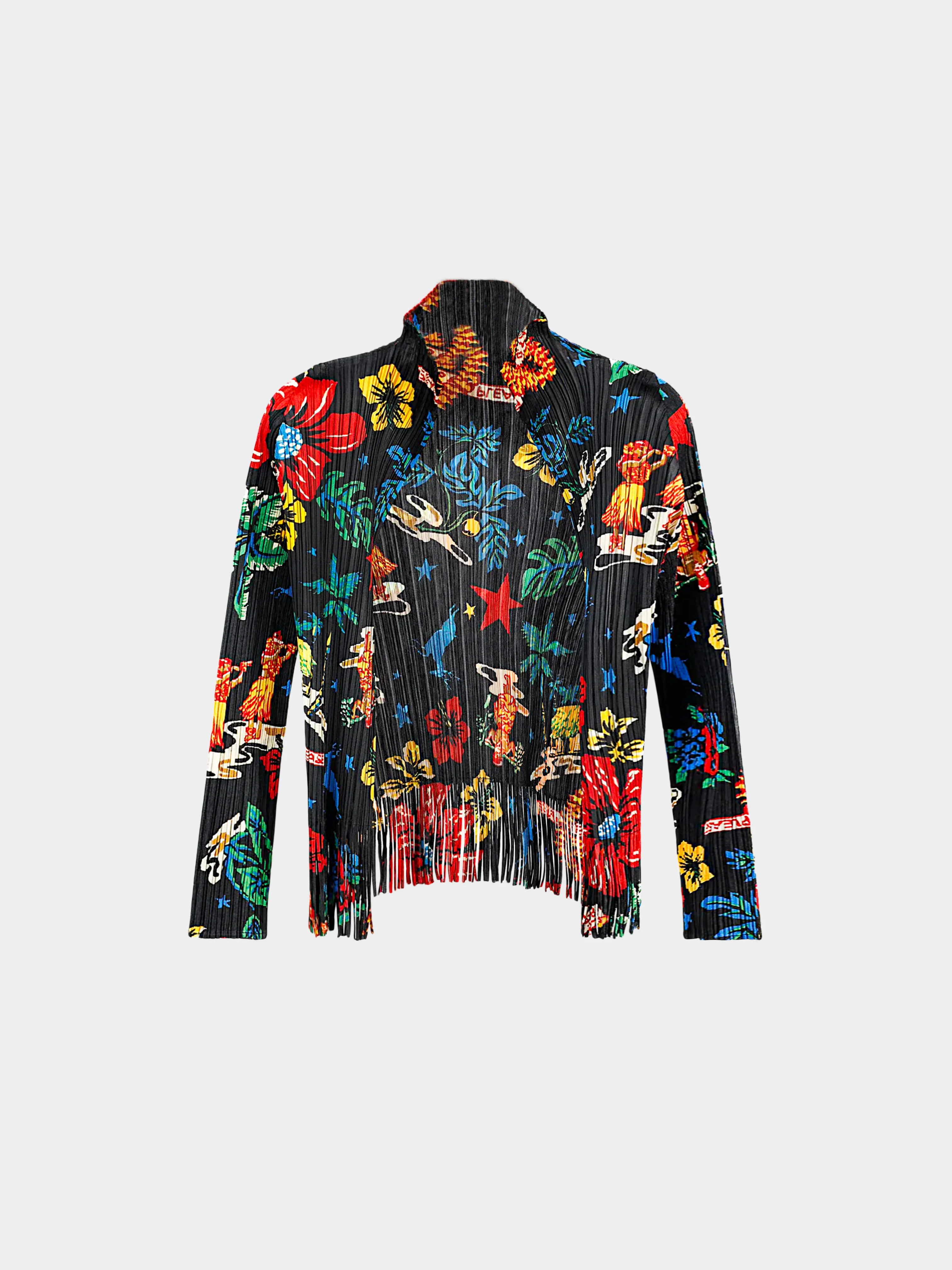 Issey Miyake Pleats Please 2000s Hawaiian Print Fringed Cardigan