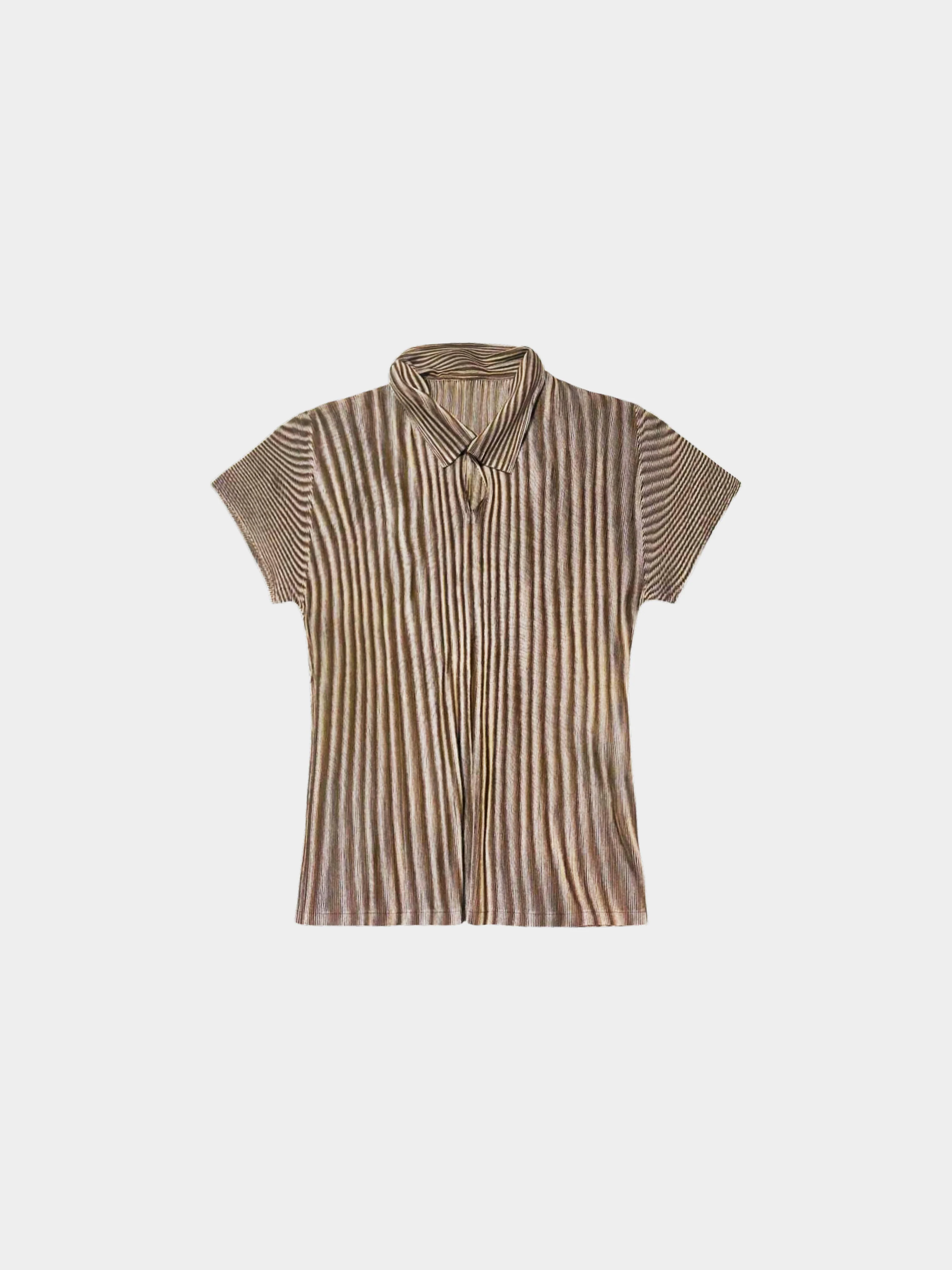 Issey Miyake Pleats Please SS 2000 Brown Striped Short Sleeve Collared Top