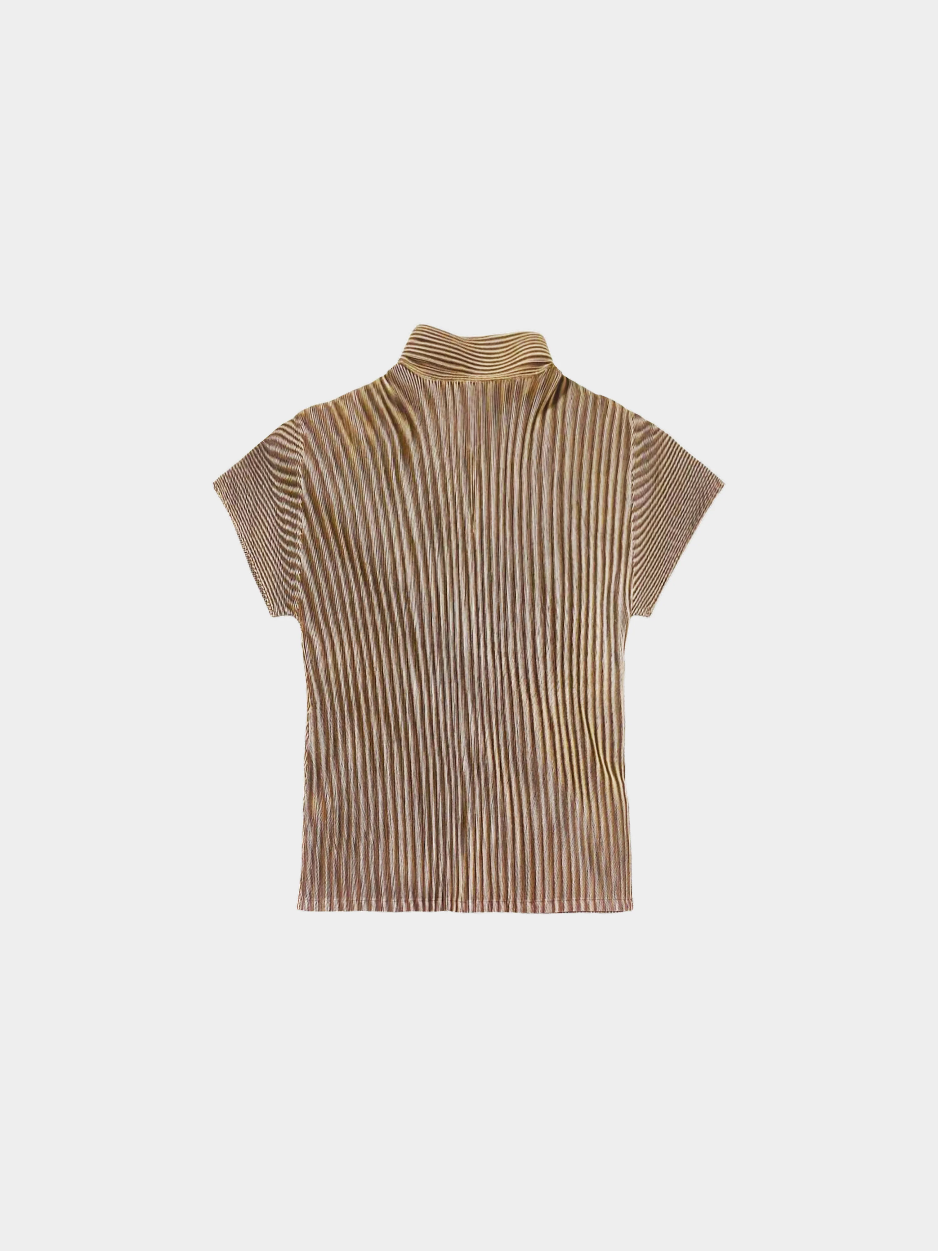 Issey Miyake Pleats Please SS 2000 Brown Striped Short Sleeve Collared Top - Image 2