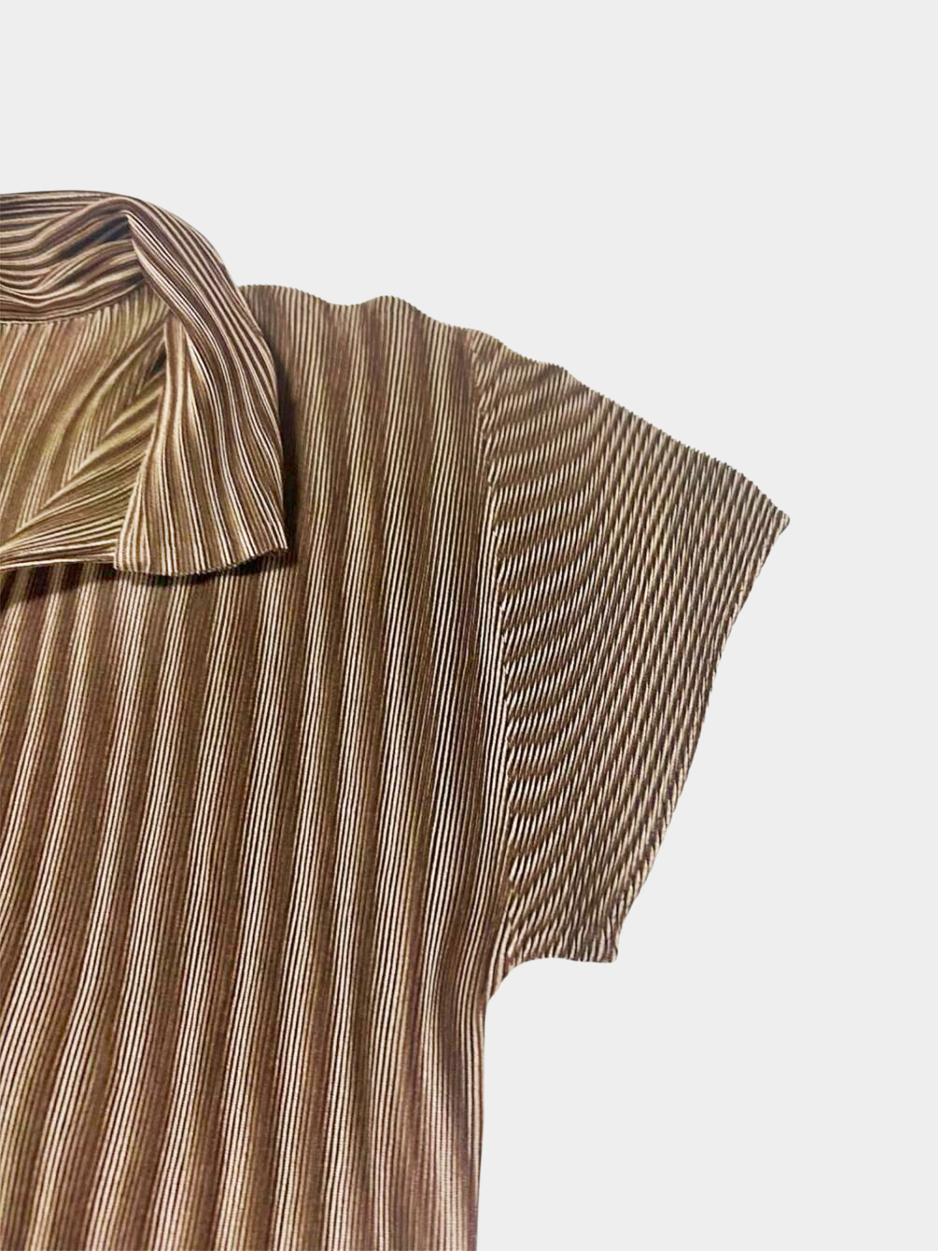 Issey Miyake Pleats Please SS 2000 Brown Striped Short Sleeve Collared Top - Image 3