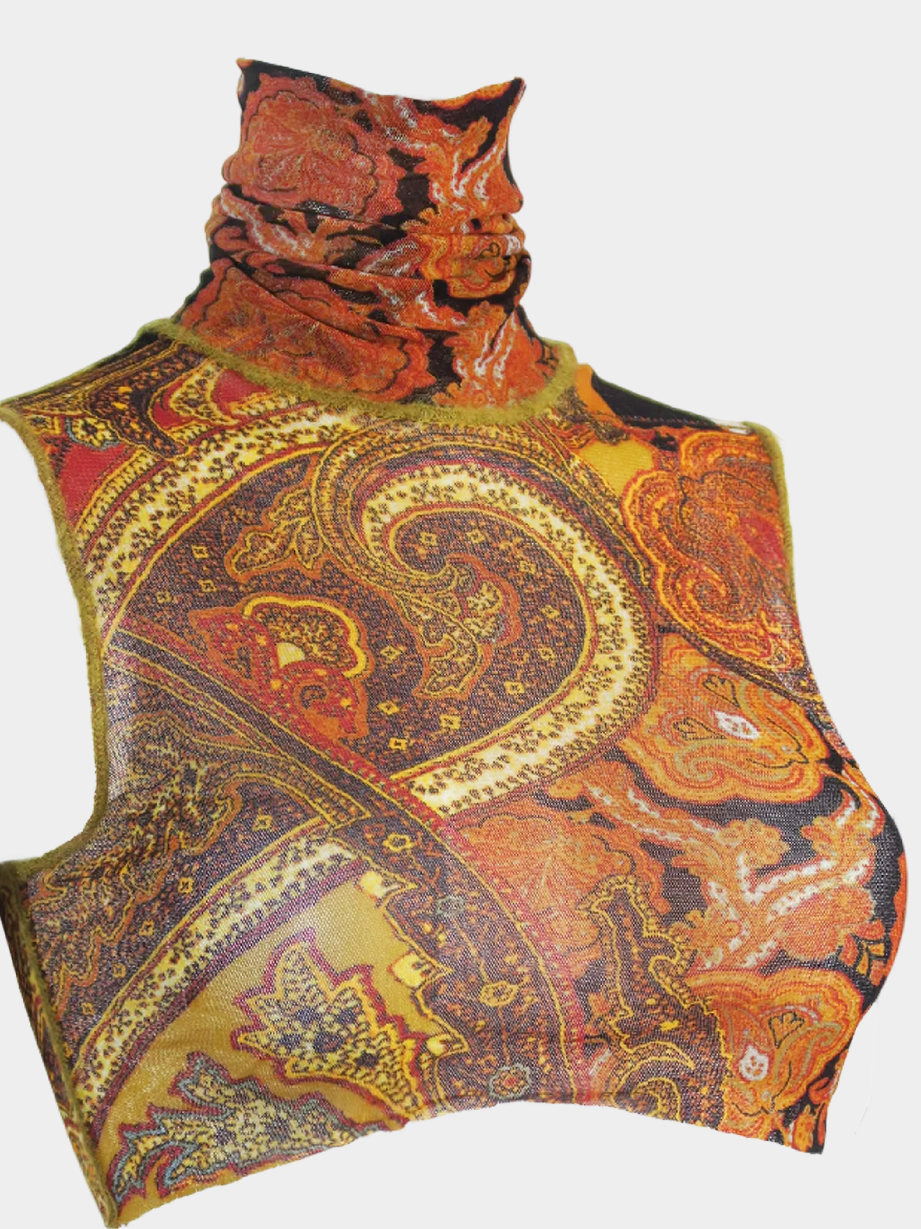 Jean Paul Gaultier 1990s Brown Paisley Print Turtleneck Mesh Top - Image 2