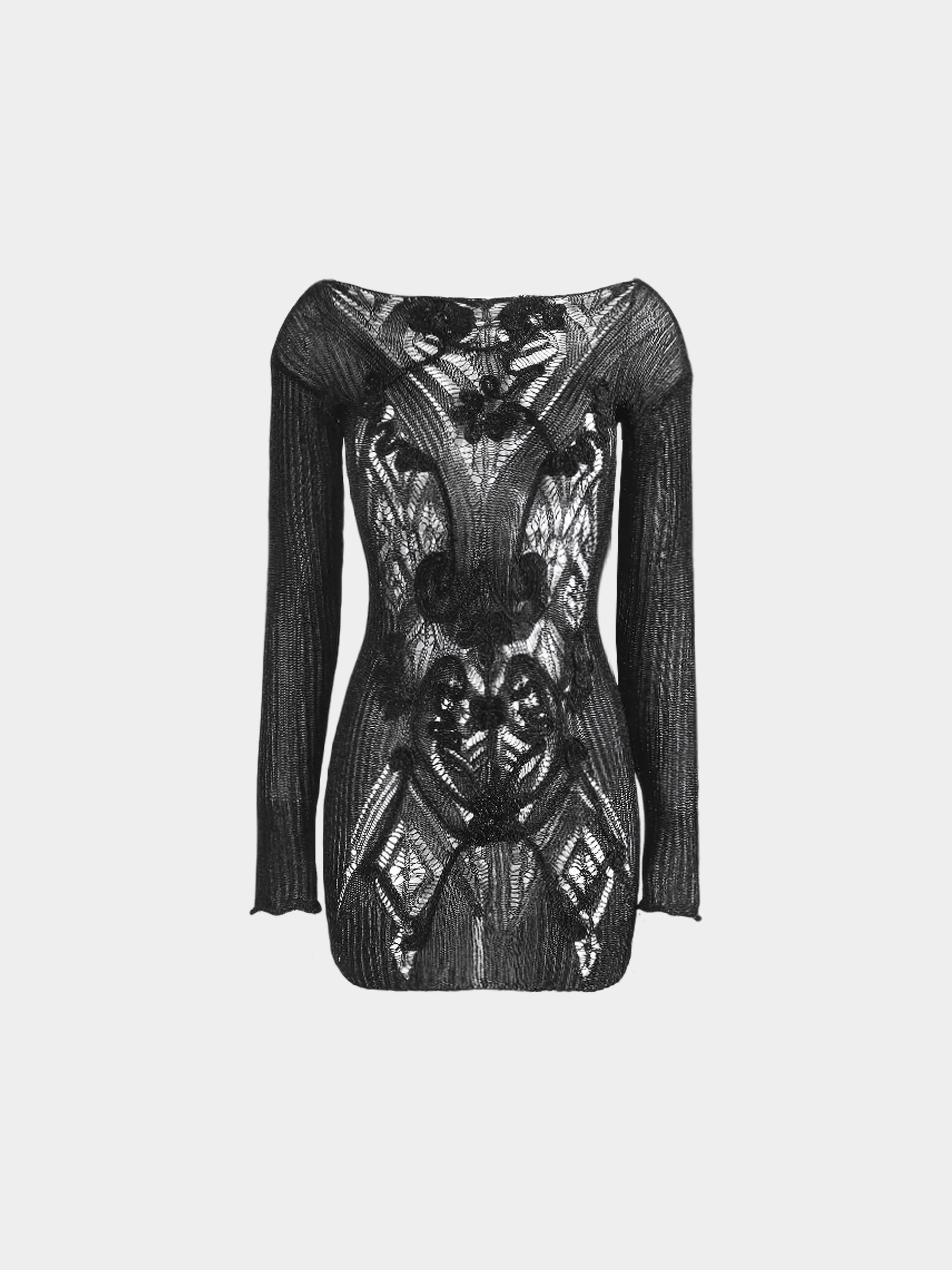 Jean Paul Gaultier 2000s Black Micro Cutout Knitted Mini Long Sleeved Dress