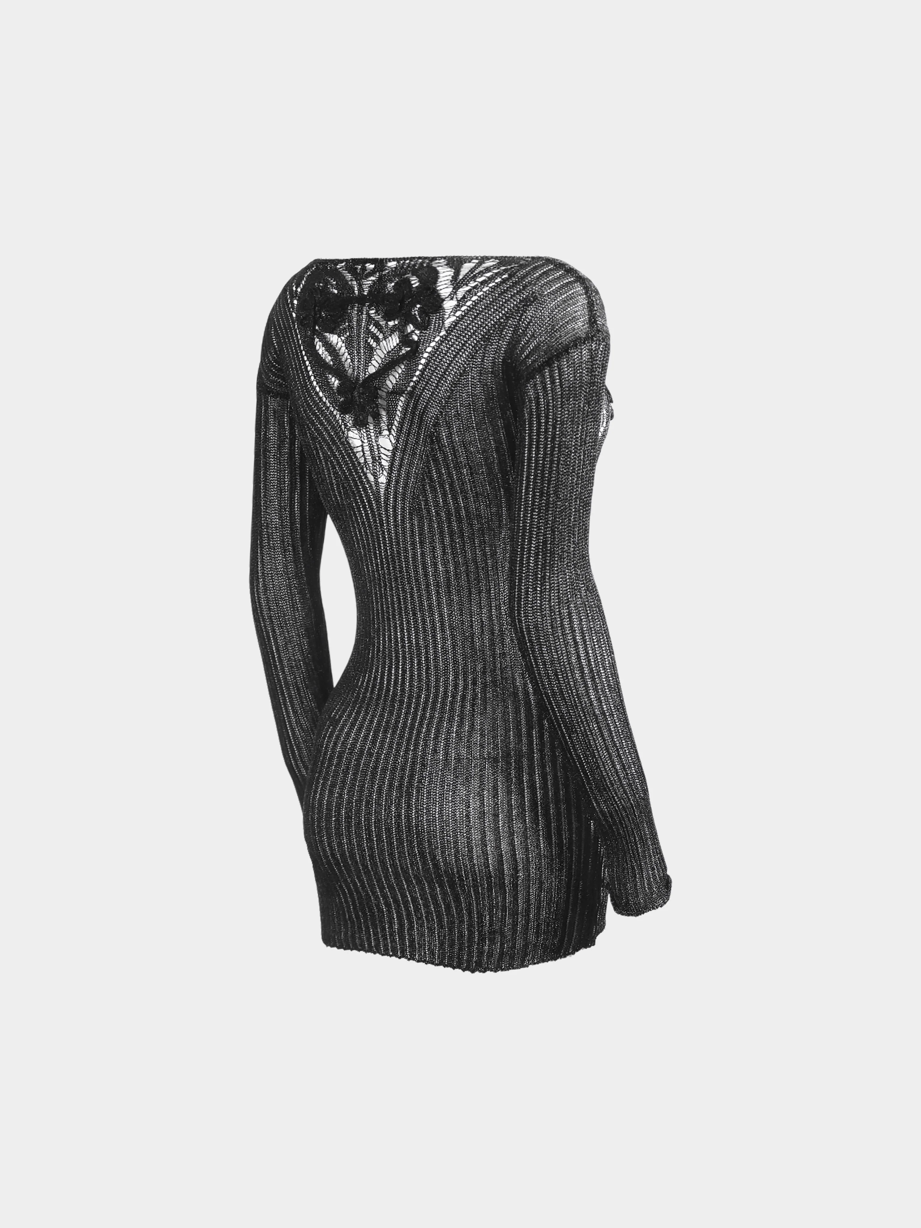 Jean Paul Gaultier 2000s Black Micro Cutout Knitted Mini Long Sleeved Dress - Image 2