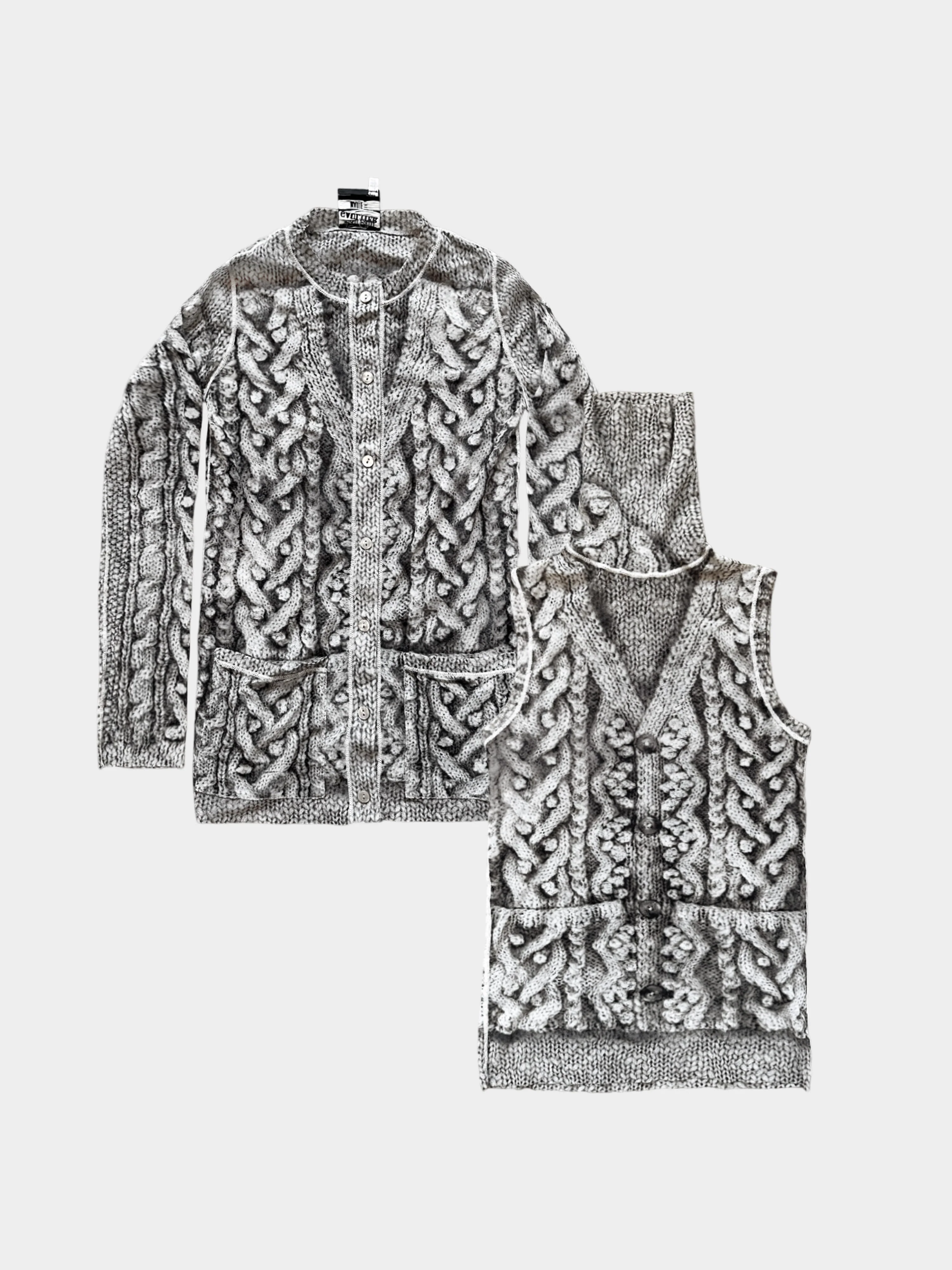 Jean Paul Gaultier 2000s Illusion Cable Knit Printed Mesh High Neck Top and Cardigan Set