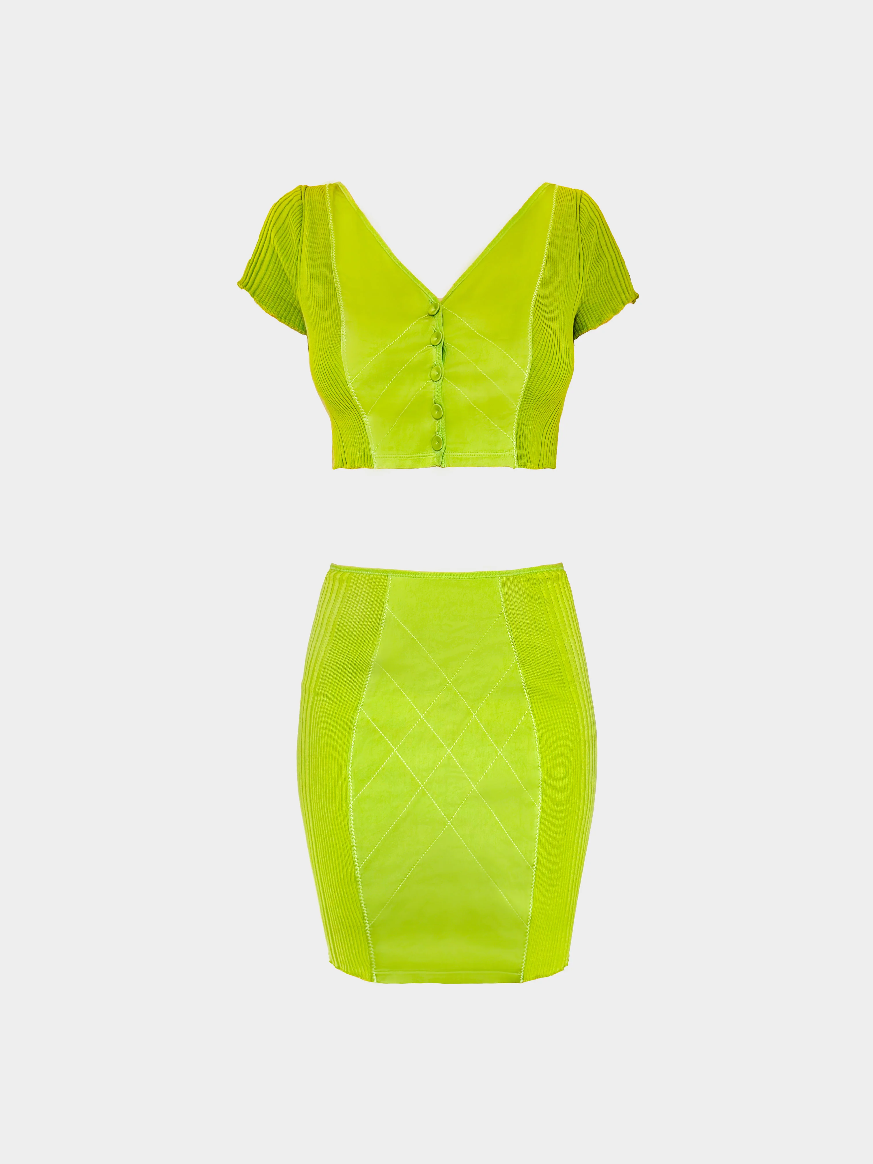 Jean Paul Gaultier 2000s Lime Green Knitted Top and Skirt Set