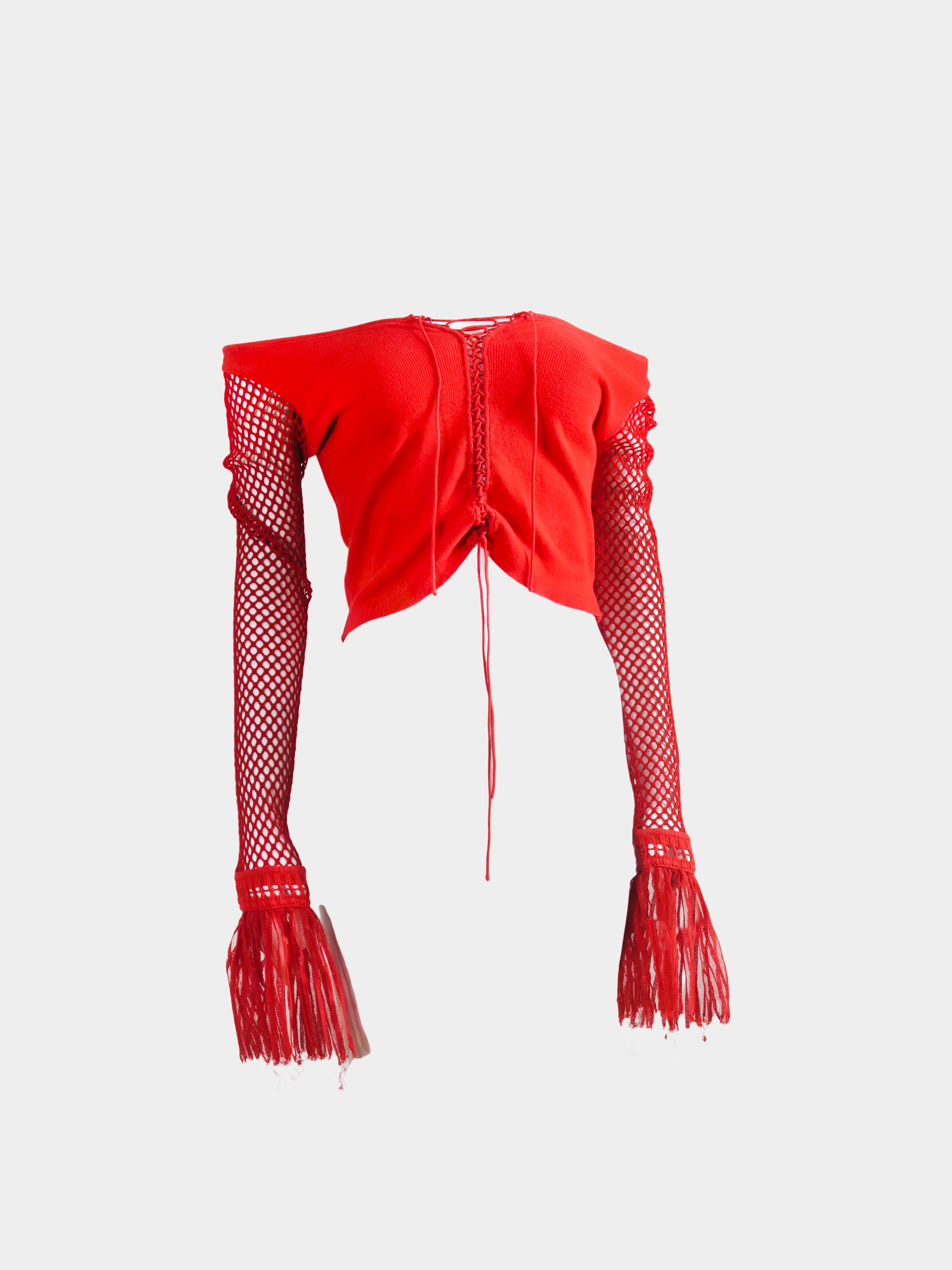 Jean Paul Gaultier 2000s Red Ribbed Crochet Net Sleeves with Tulle Cuffs - Image 2