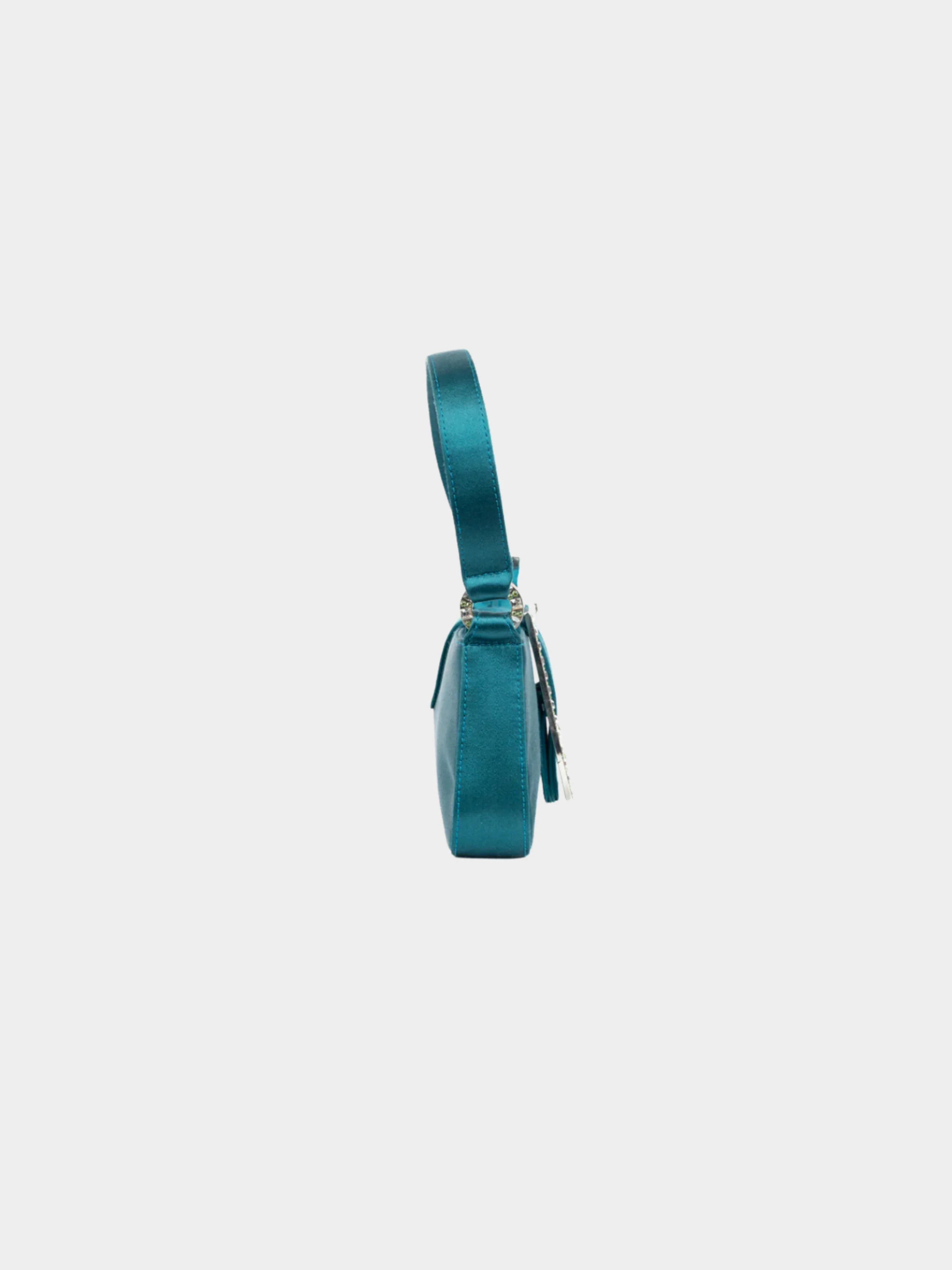 Jimmy Choo 2000s Teal Satin Crystal-Buckle Baguette - Image 3
