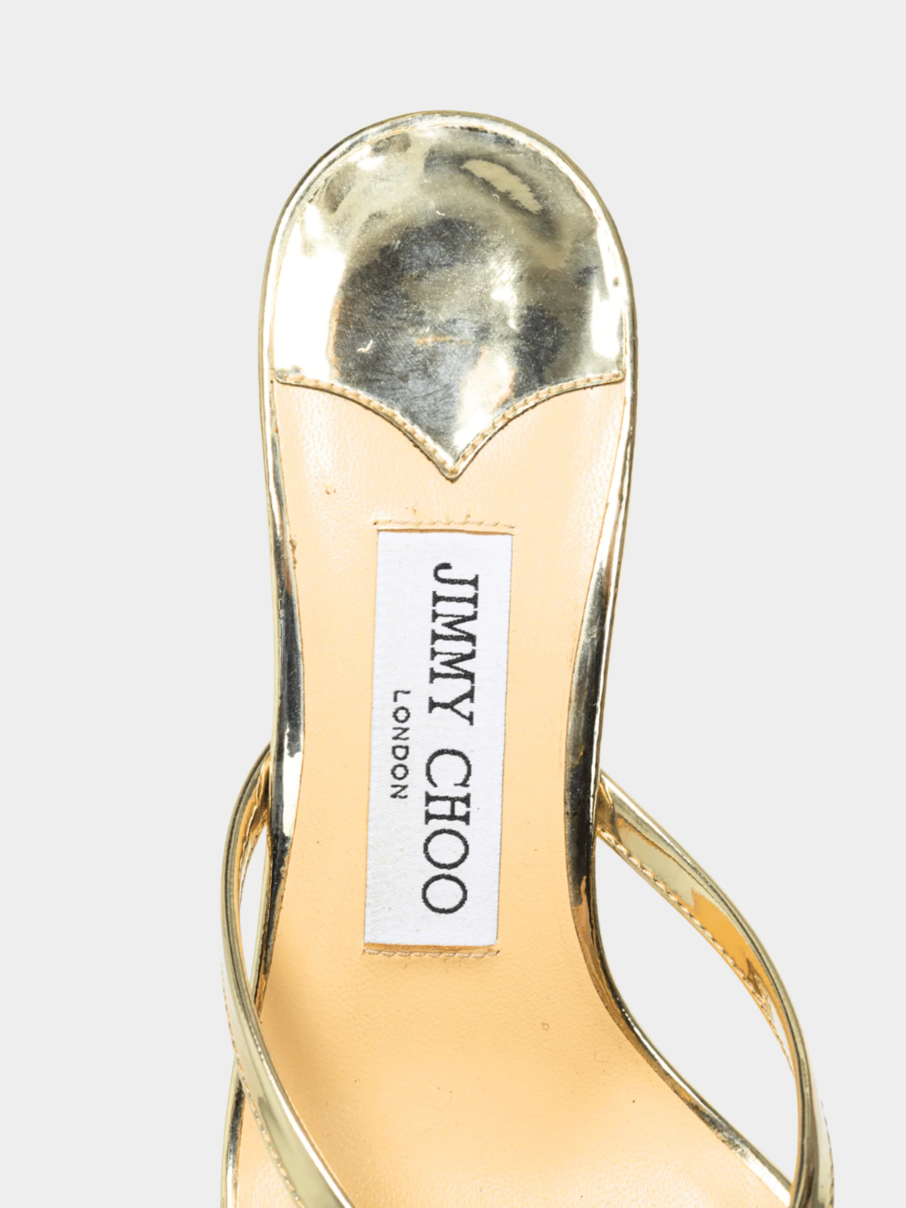 Jimmy Choo 2022 Maelie 70 Gold Patent Leather Square-Toe Thong Sandals - Image 6