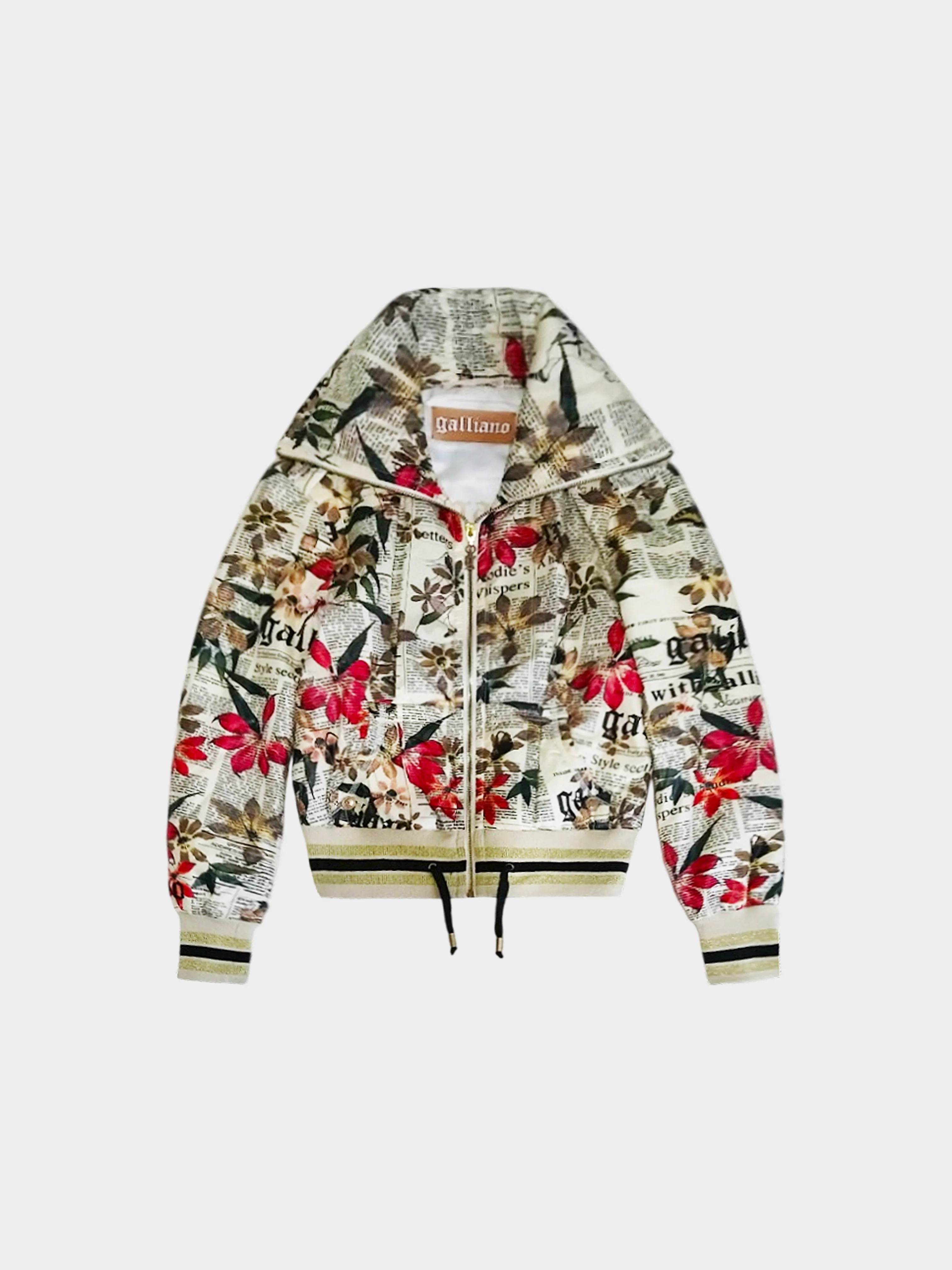 John Galliano 1990s Floral and Gazette Newspaper Print Jacket