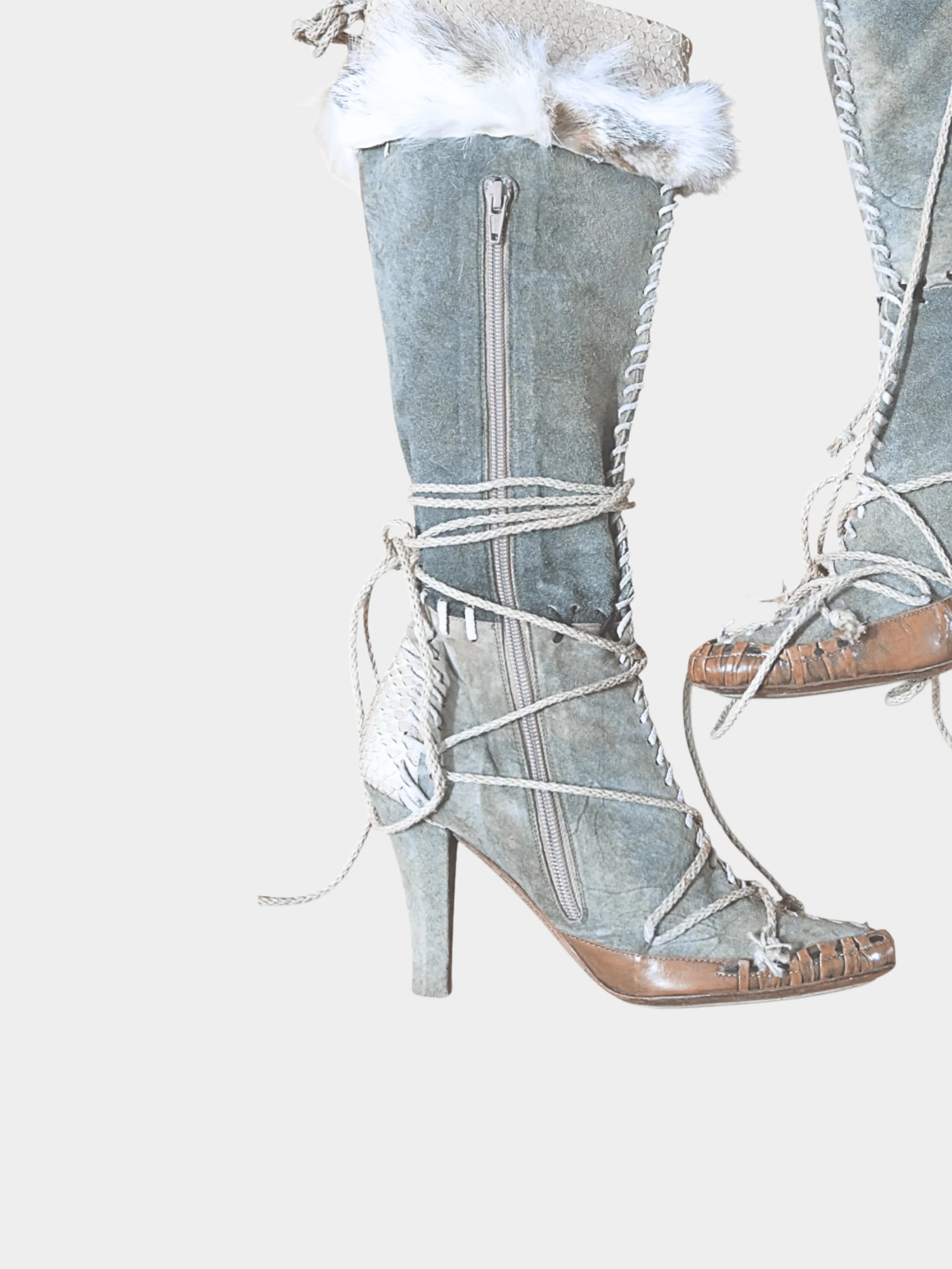 John Galliano 2000s Grey Suede Fur Python Boots - Image 2