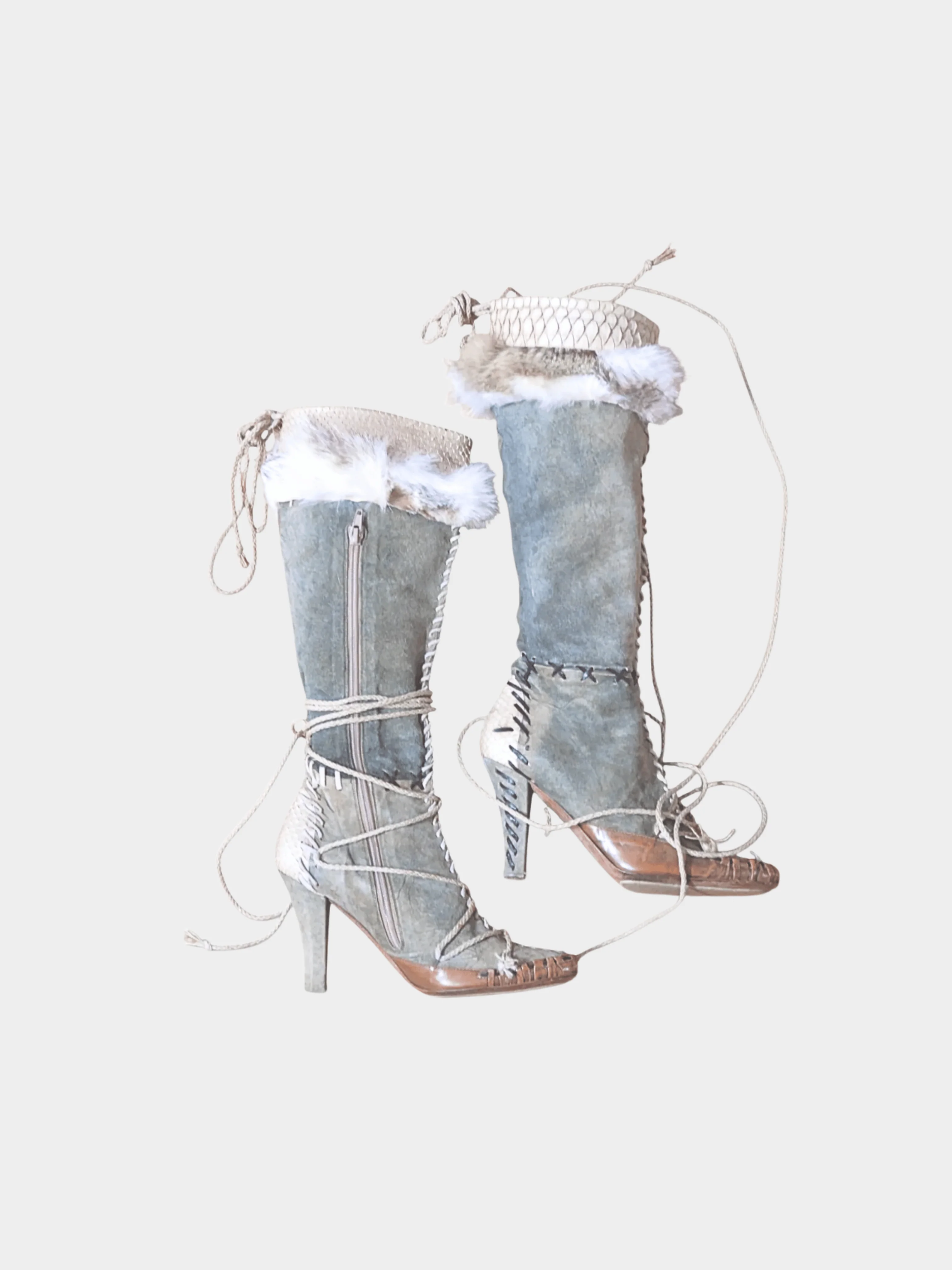 John Galliano 2000s Grey Suede Fur Python Boots - Image 3