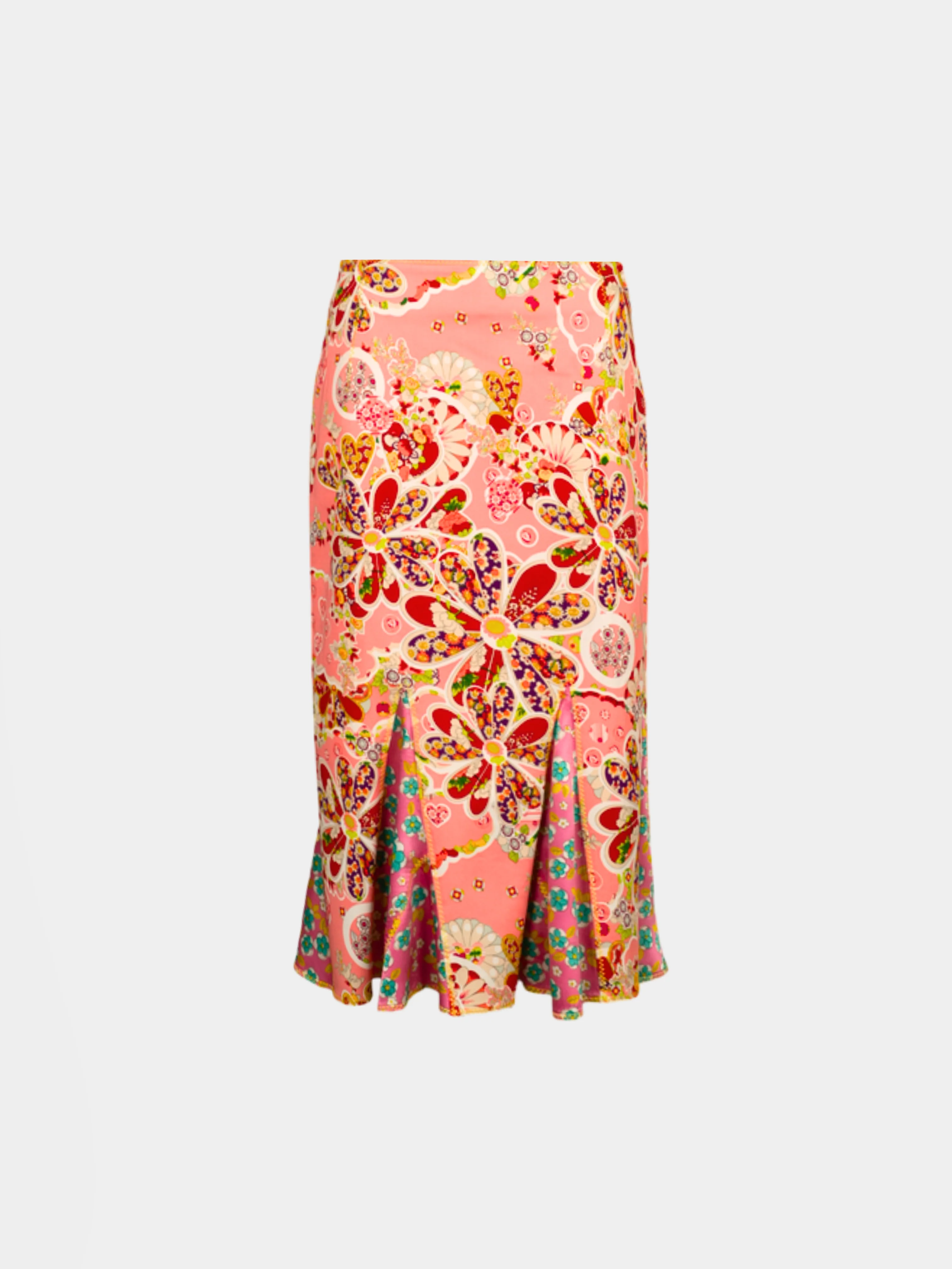 John Galliano 2000s Pink Floral Peplum Midi Skirt