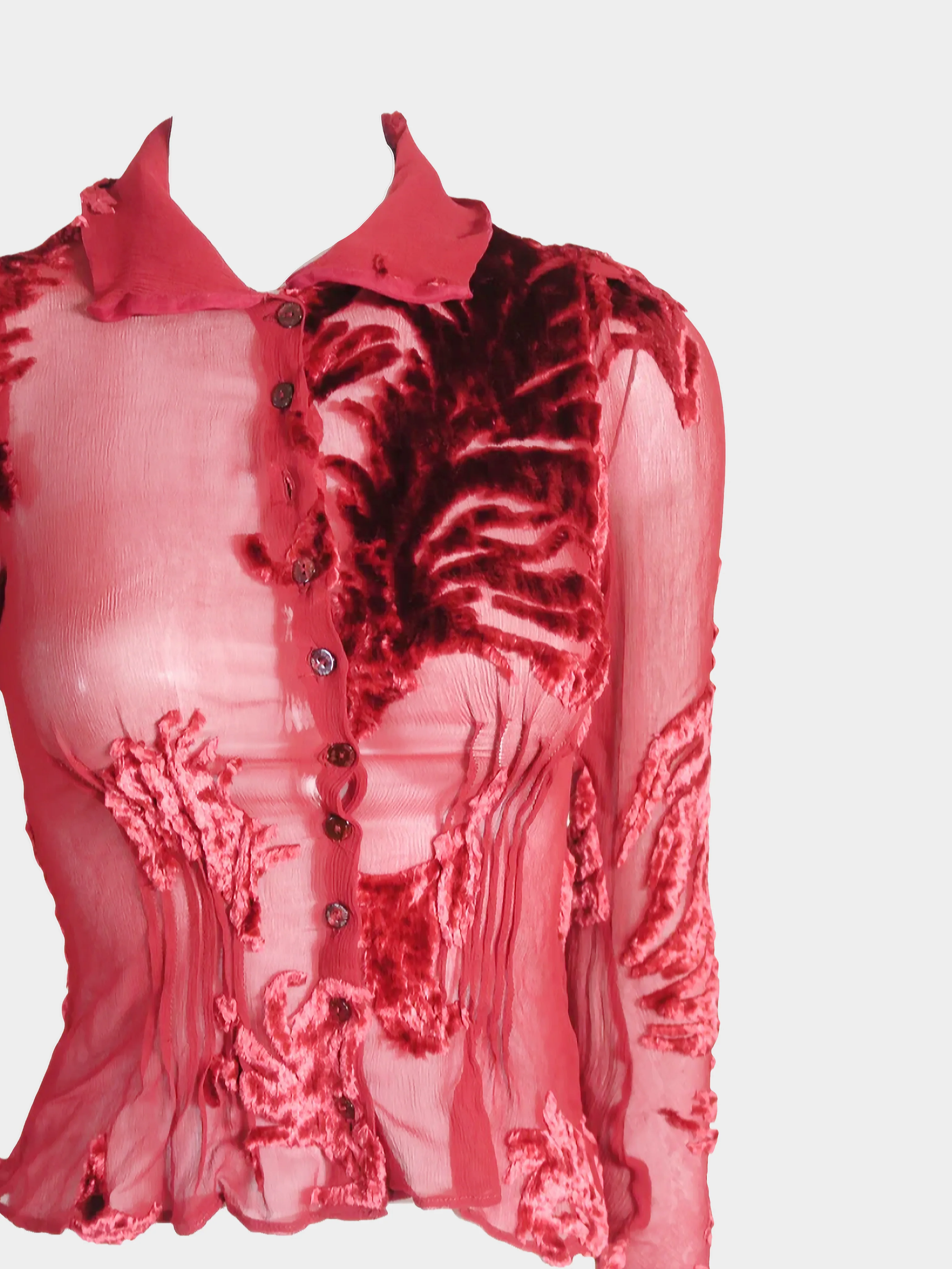 John Galliano 2000s Red Chiffon Silk Button Down Top - Image 2