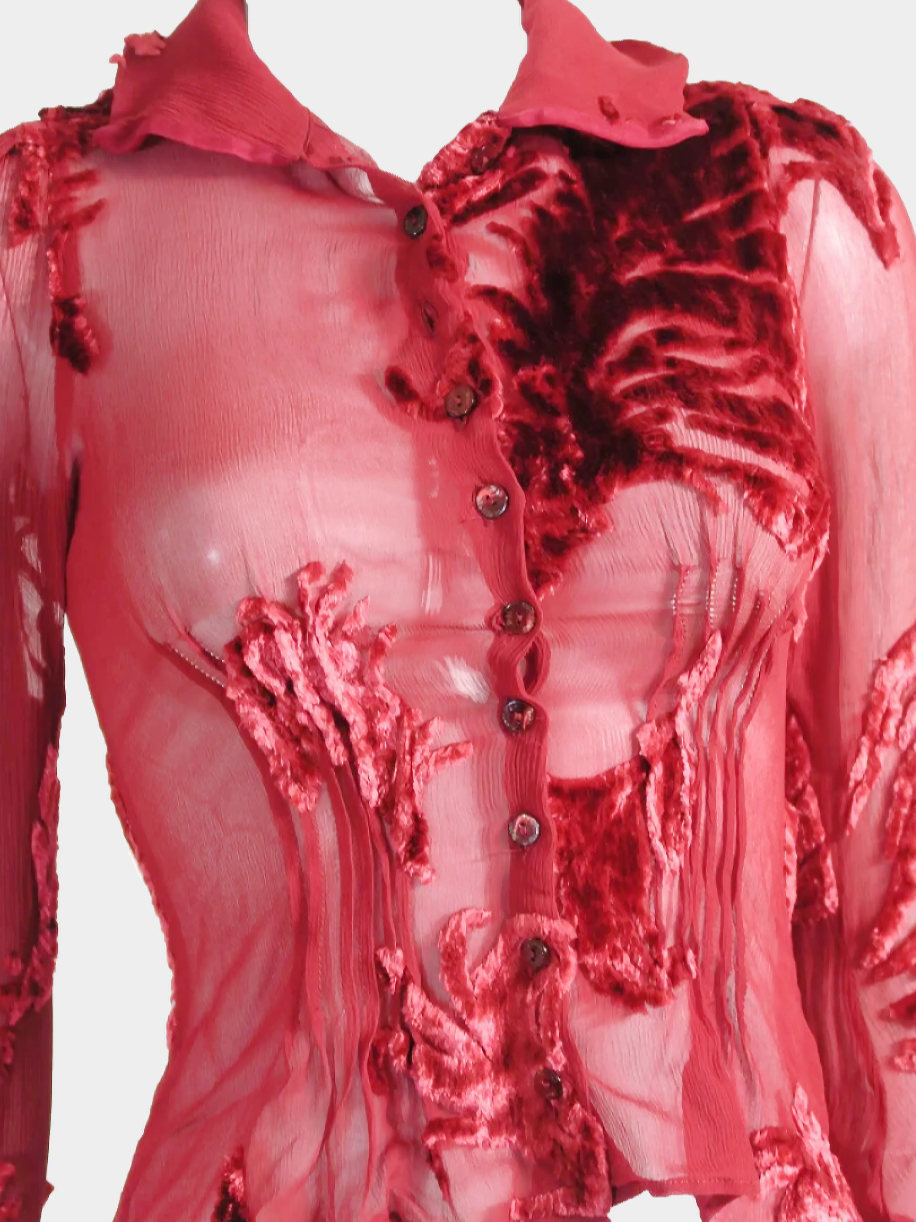 John Galliano 2000s Red Chiffon Silk Button Down Top - Image 3