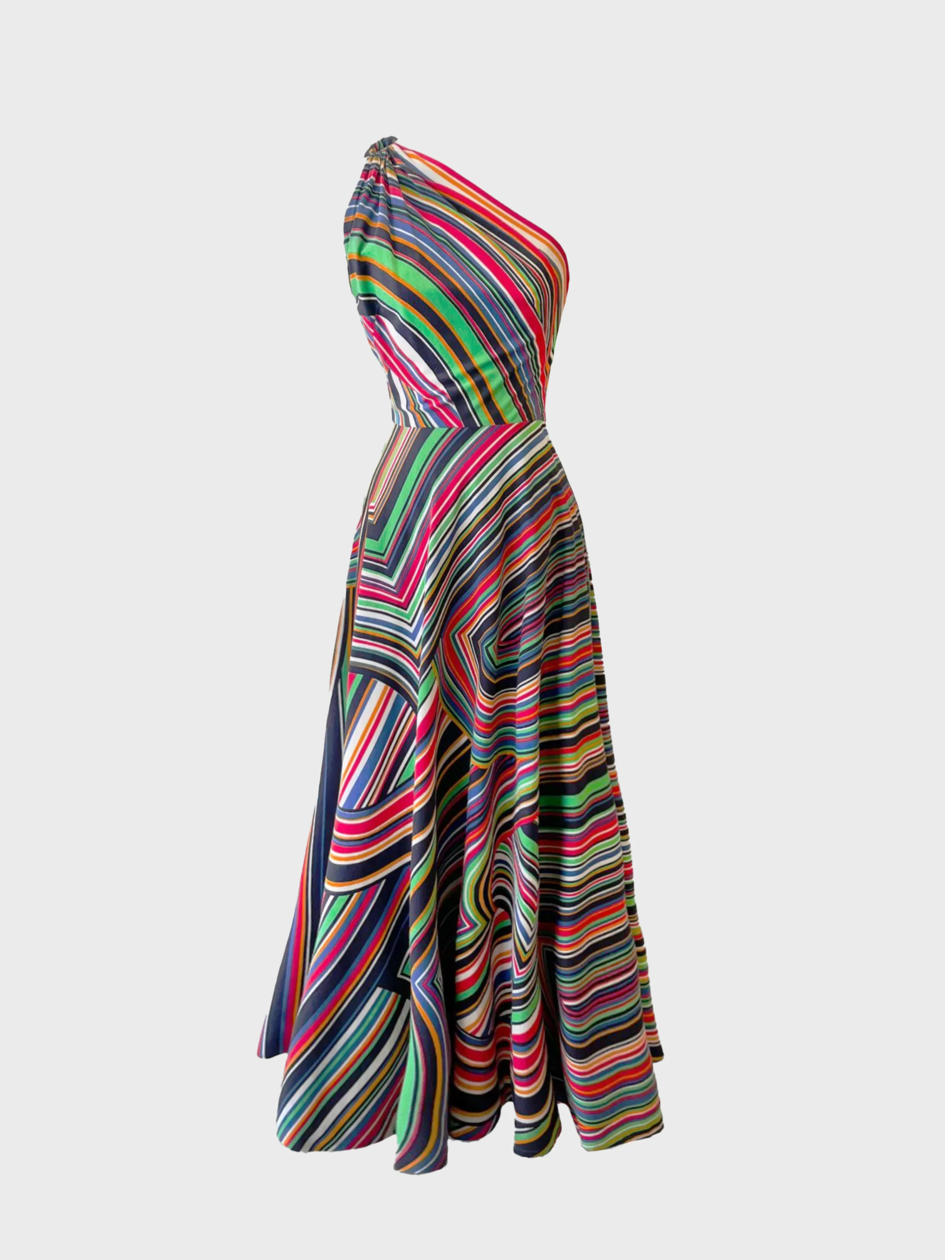 Lanvin by Jules-François Crahay SS 1972 Multicolor Striped Cotton One-Shoulder Gown
