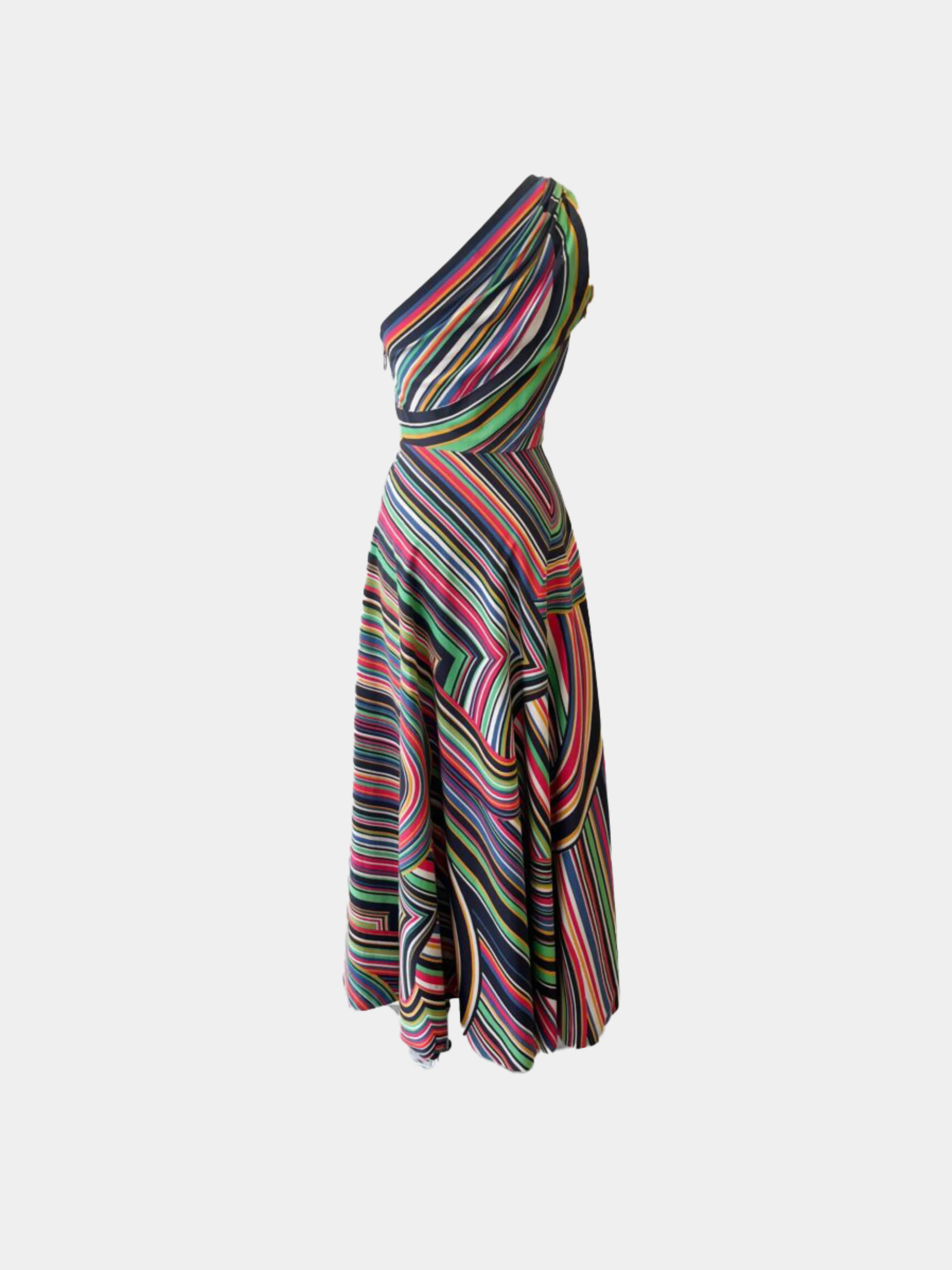 Lanvin by Jules-François Crahay SS 1972 Multicolor Striped Cotton One-Shoulder Gown - Image 2