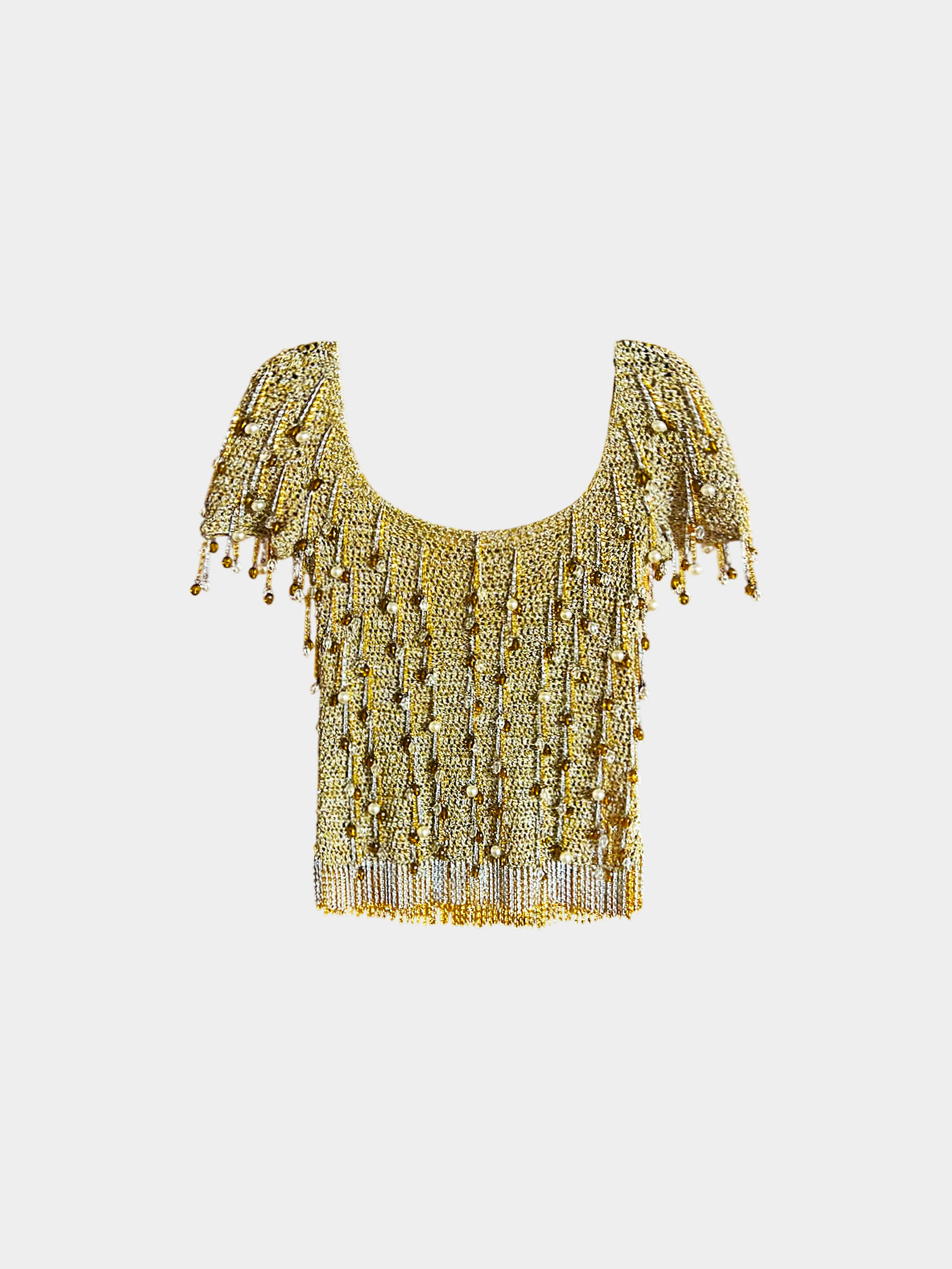 Loris Azzaro 1970s Metallic Gold and Silver Beaded Lurex Crochet Top - Image 2