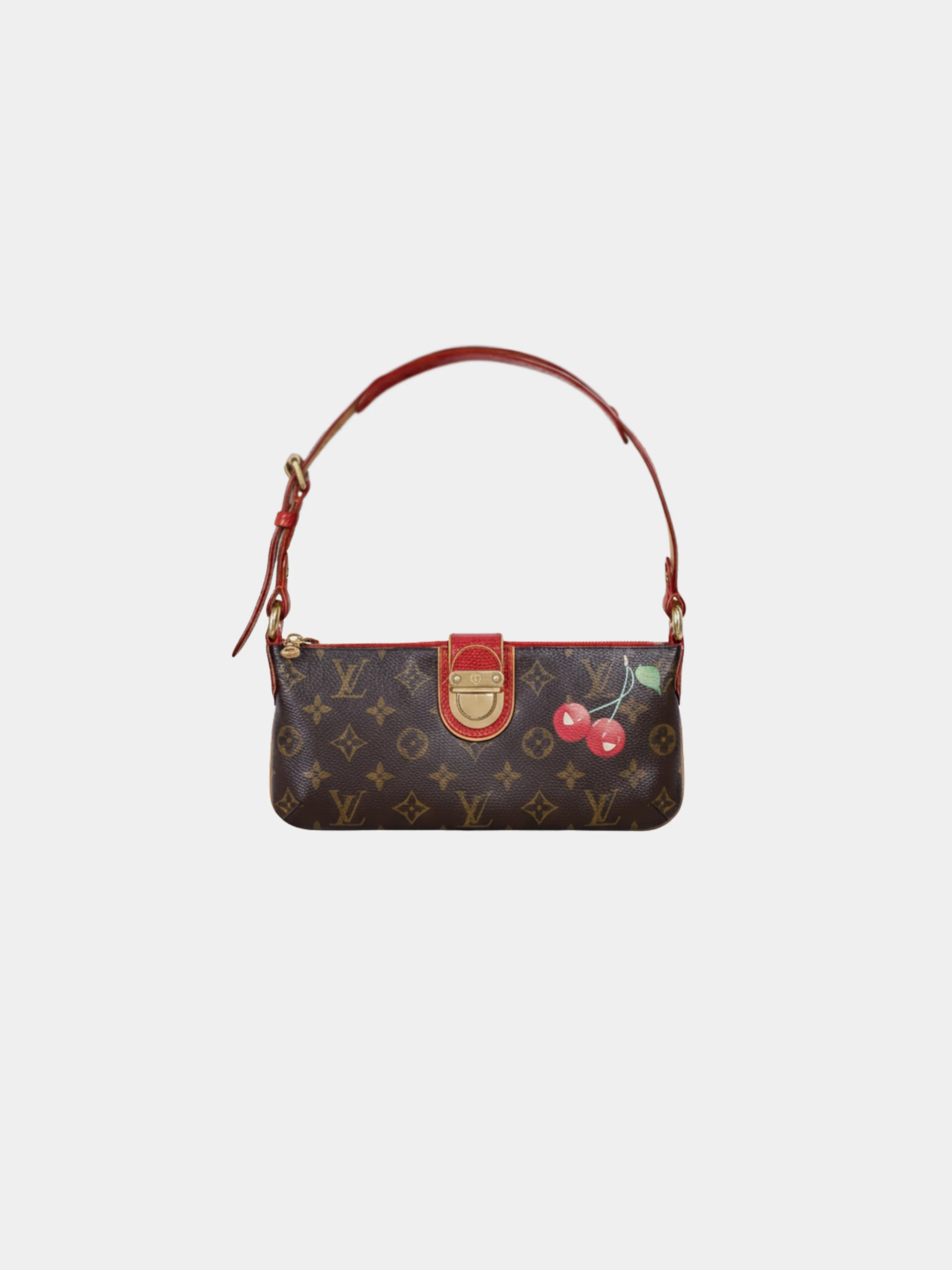 Louis Vuitton 2000s Brown Monogram Cherry Canvas and Red Lizard Shoulder Bag