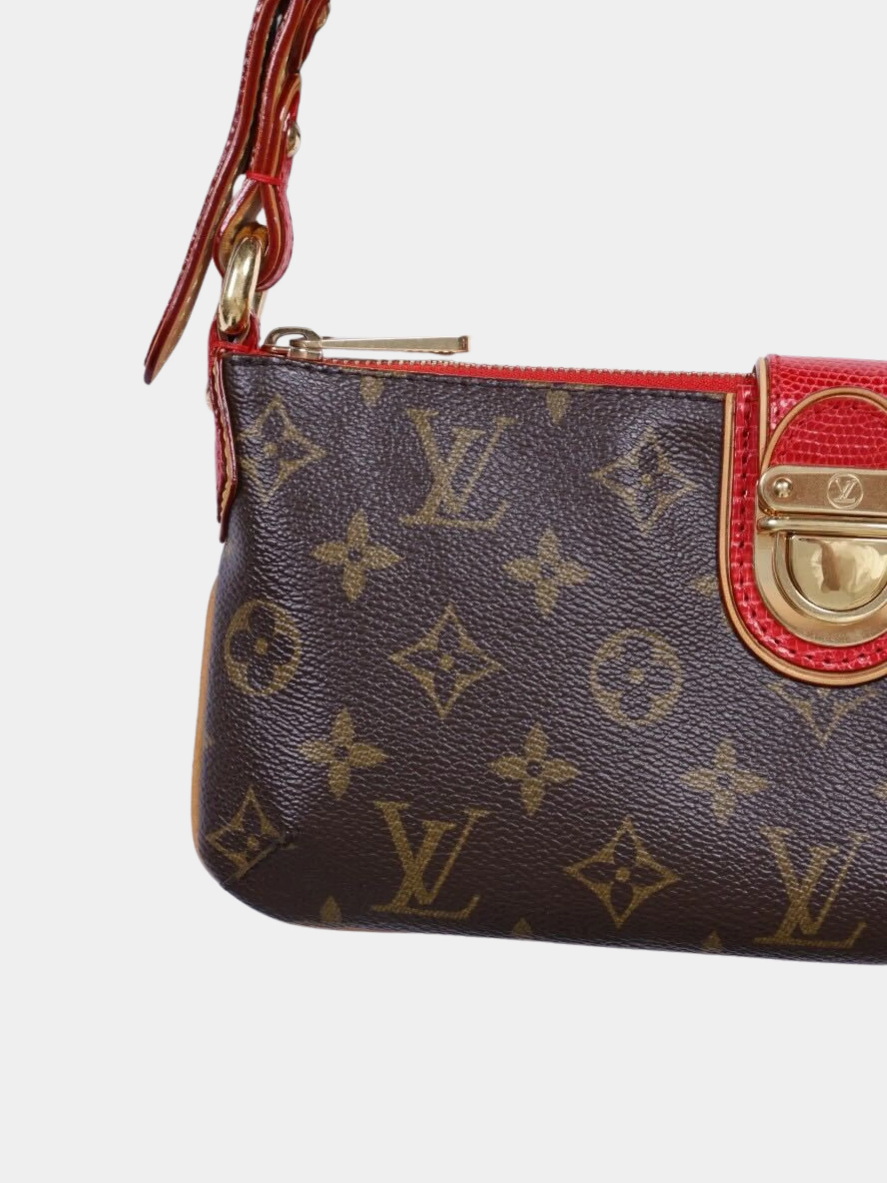 Louis Vuitton 2000s Brown Monogram Cherry Canvas and Red Lizard Shoulder Bag - Image 3