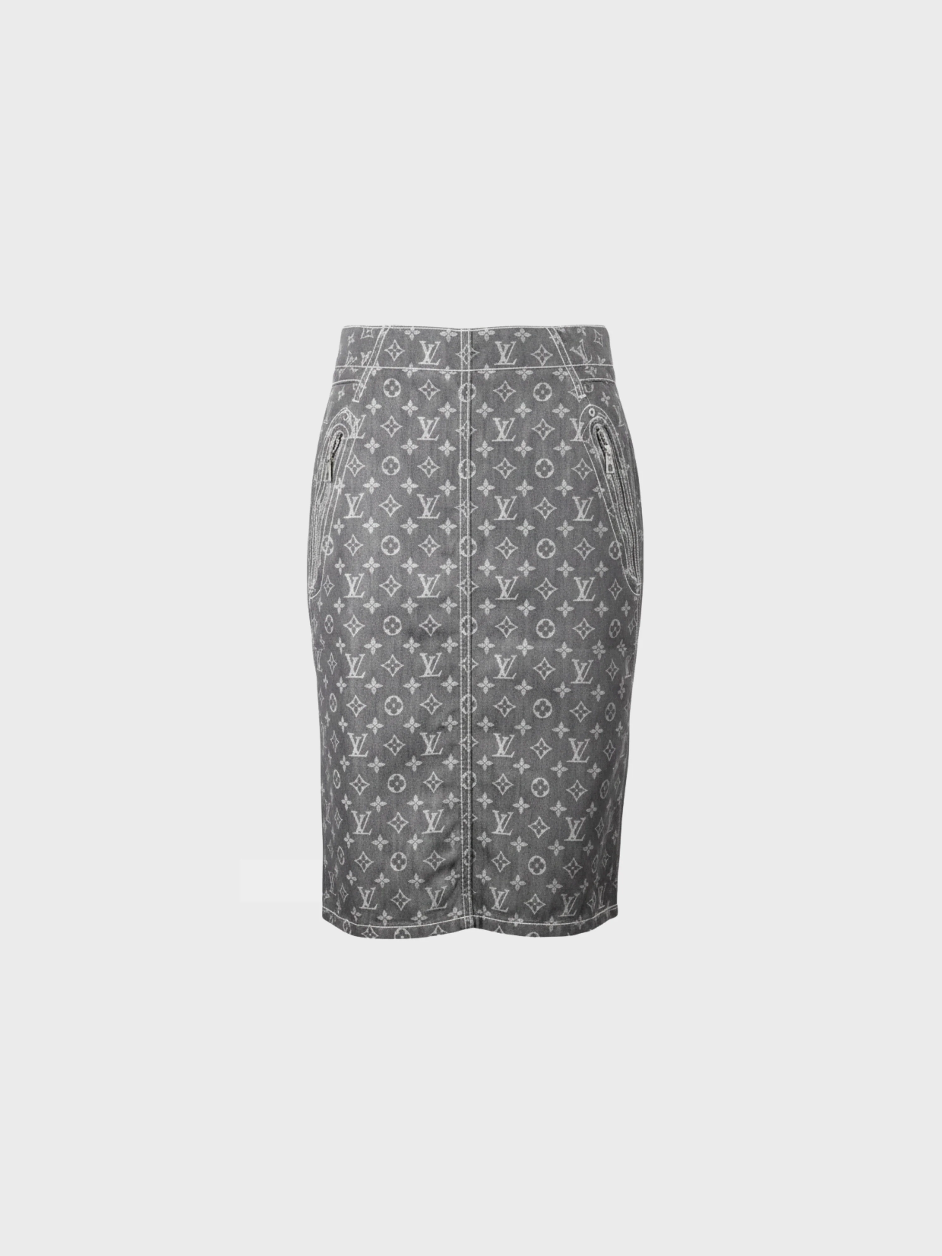 Louis Vuitton 2000s Grey Cotton Polyester Monogram Denim Skirt