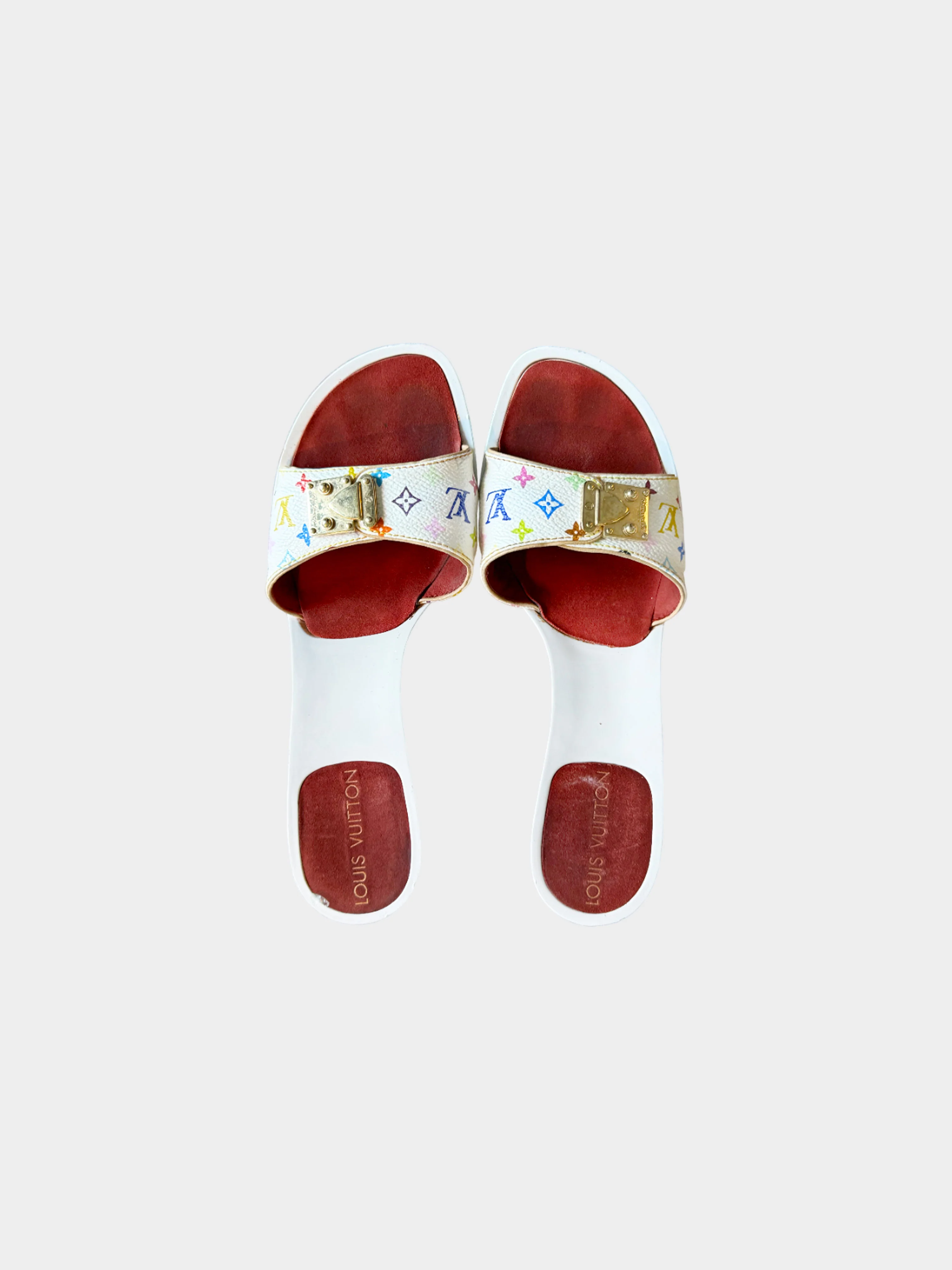 Louis Vuitton 2000s White Multicolor Monogram Leather Heels with Gold Buckle - Image 2