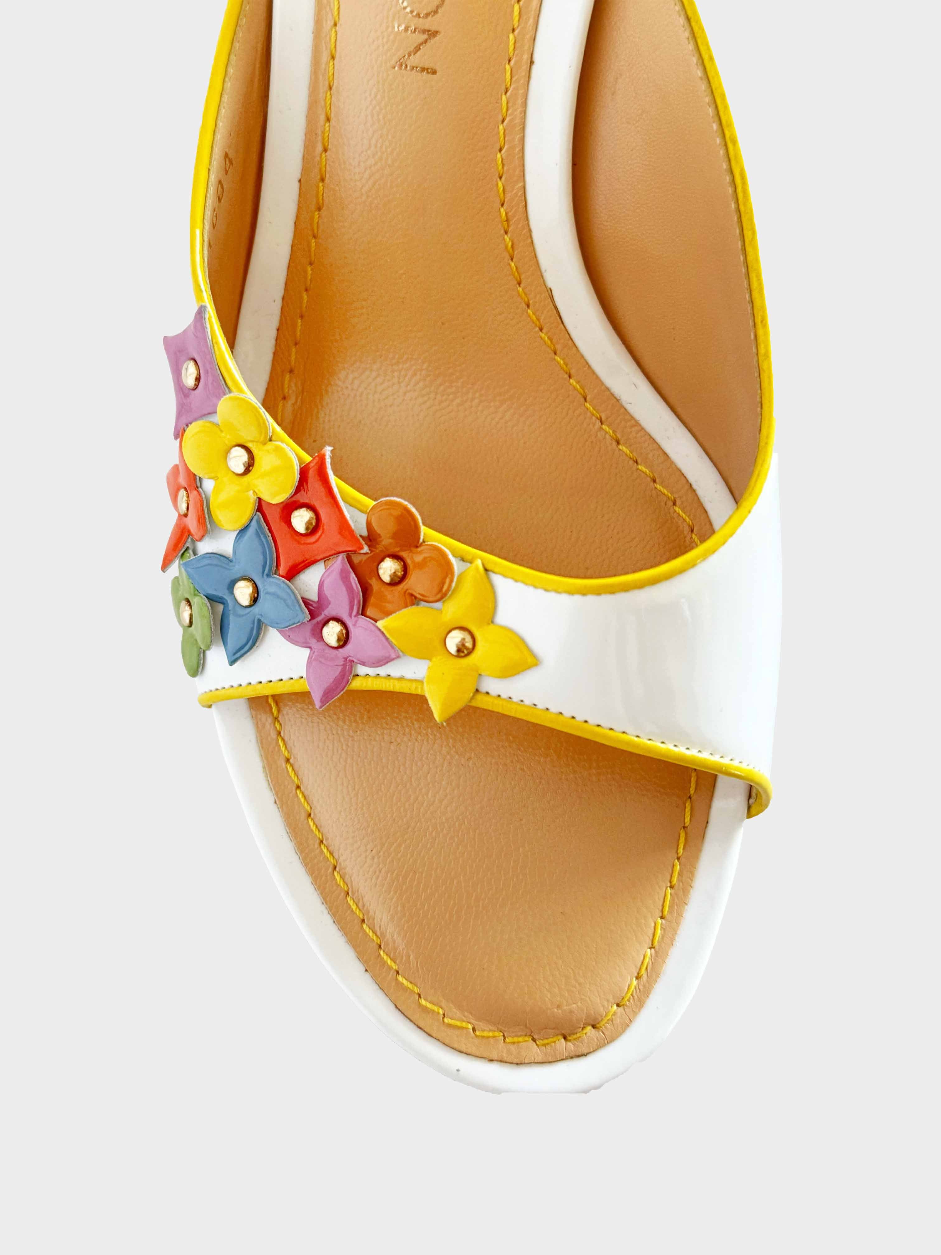 Louis Vuitton 2004 Multicolor Flower-embellished Patent Leather Heeled Sandals - Image 3