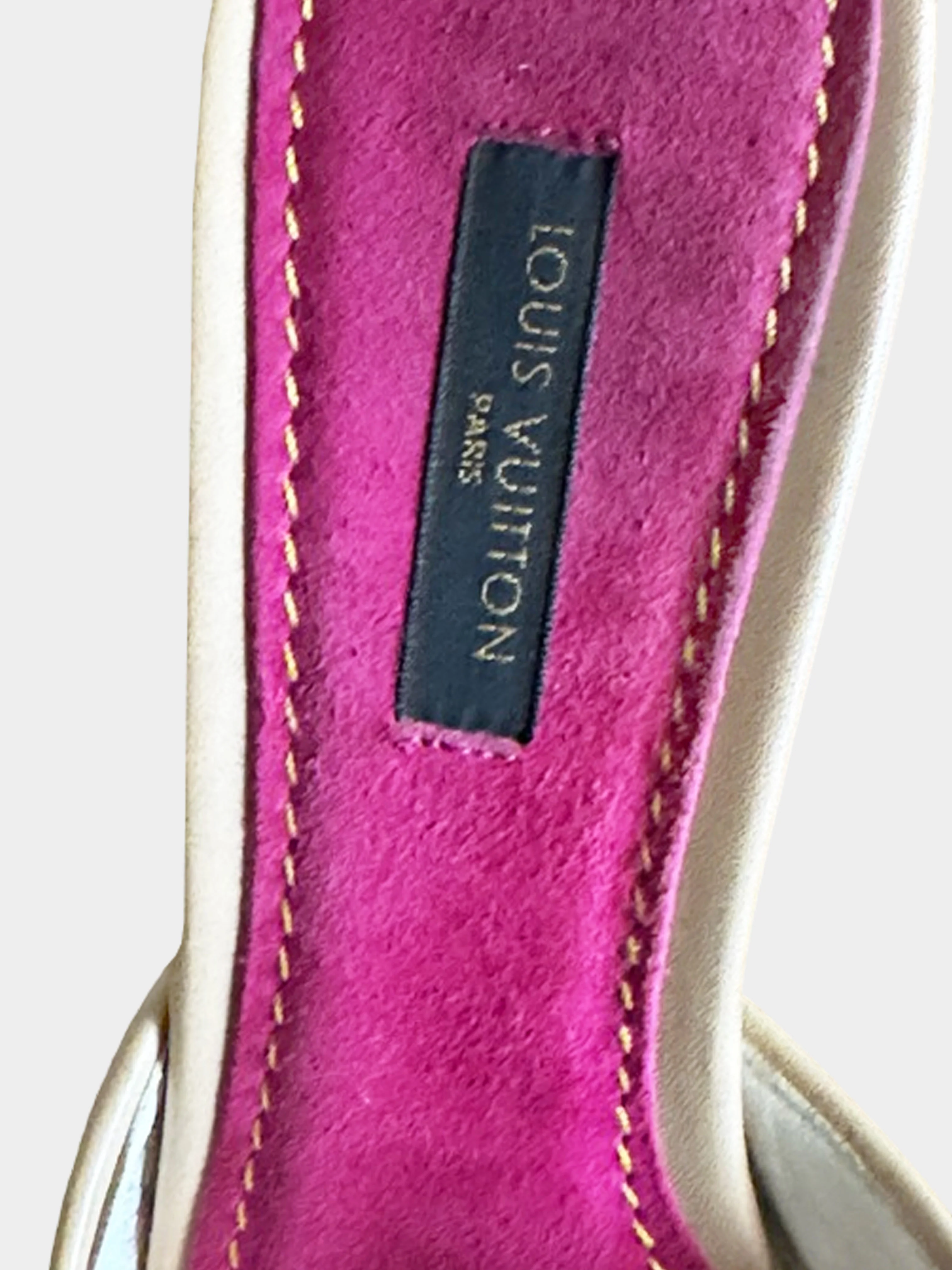 Louis Vuitton 2005 White Multicolor Monogram Leather Heels with Purple Ribbon - Image 3