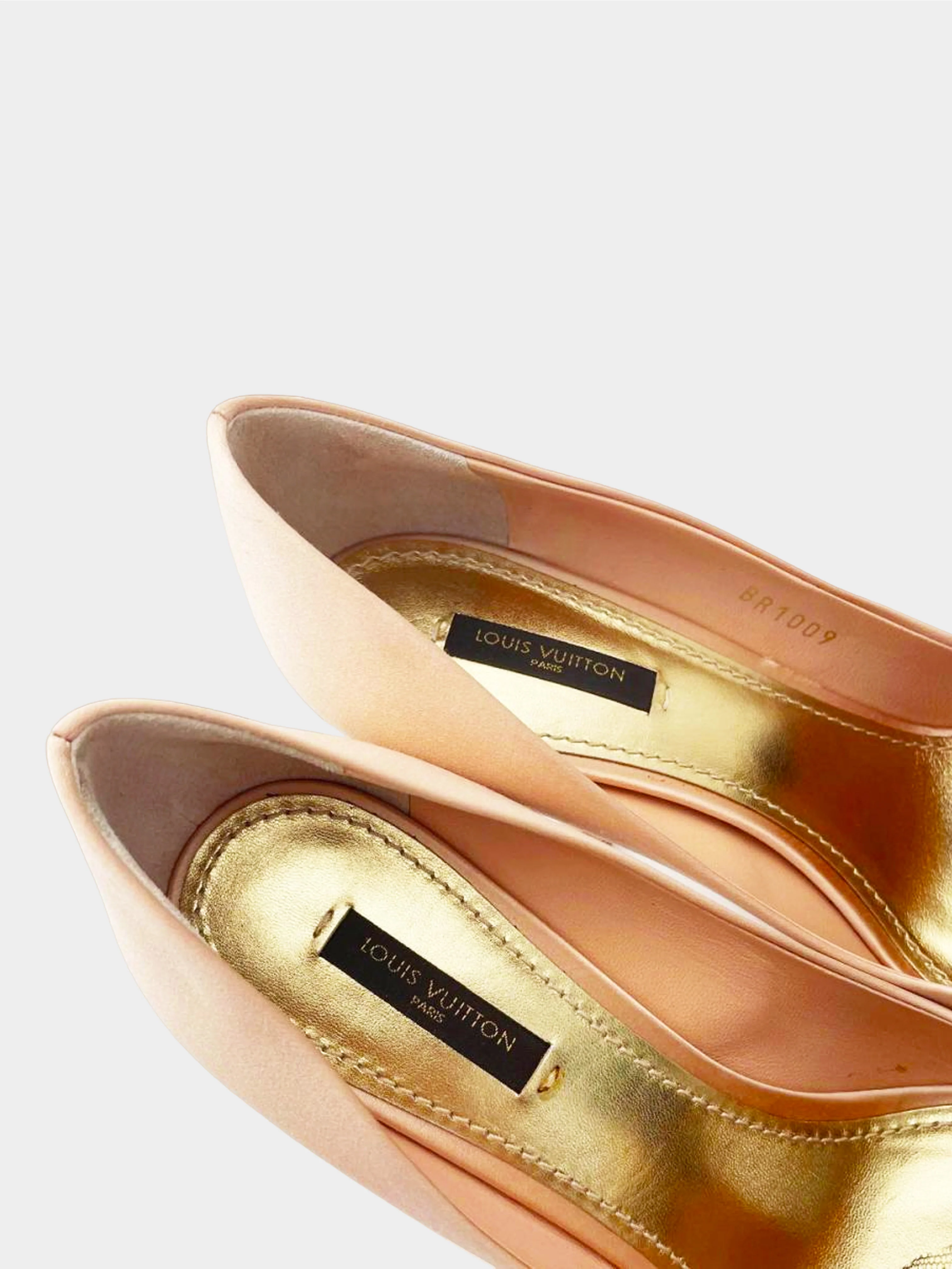 Louis Vuitton 2009 Beige Pink Corsage Peep Toe Satin Pumps - Image 5