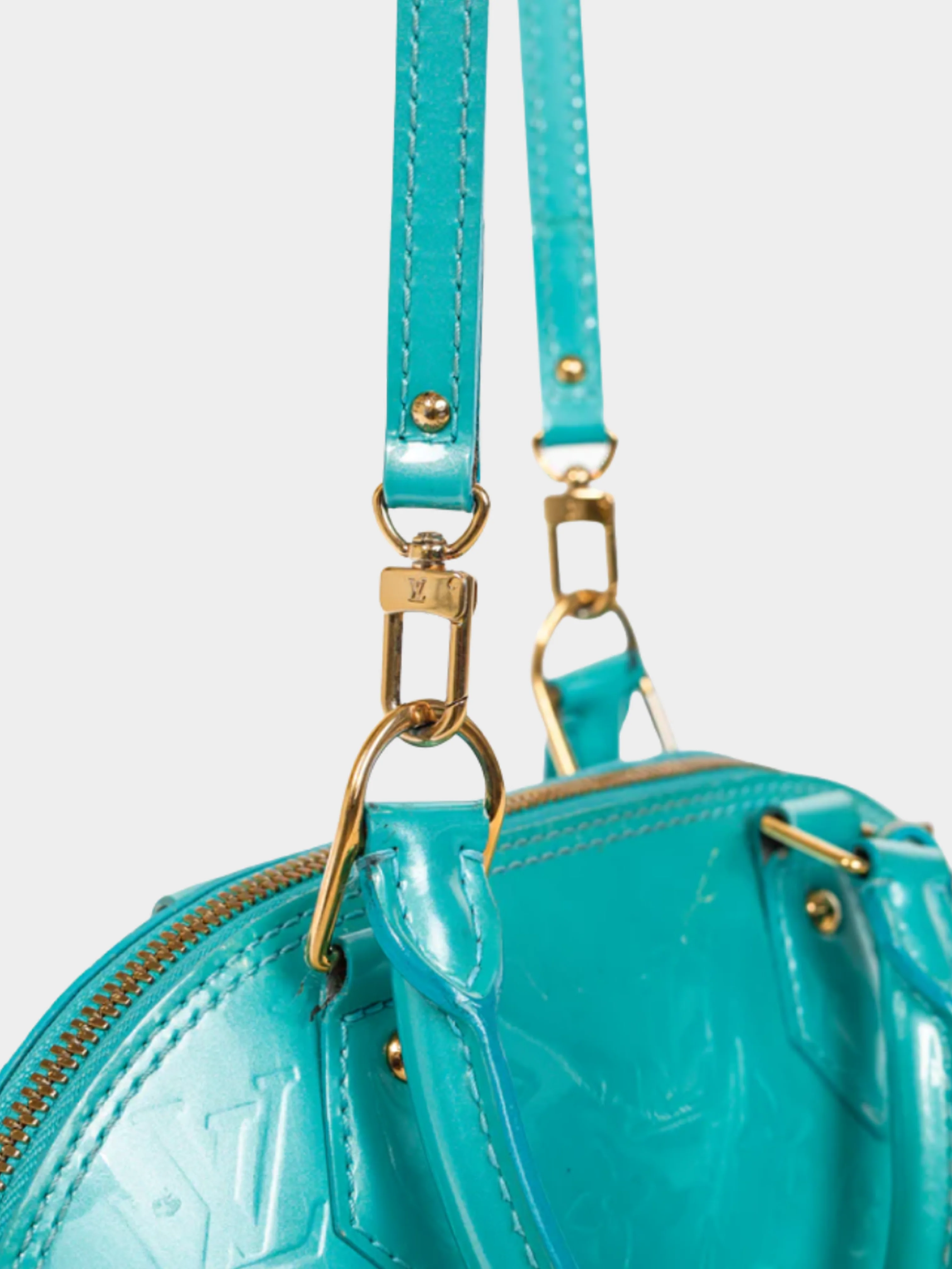 Louis Vuitton 2010s Turquoise Alma BB Turquoise Monogram Vernis Bag - Image 4
